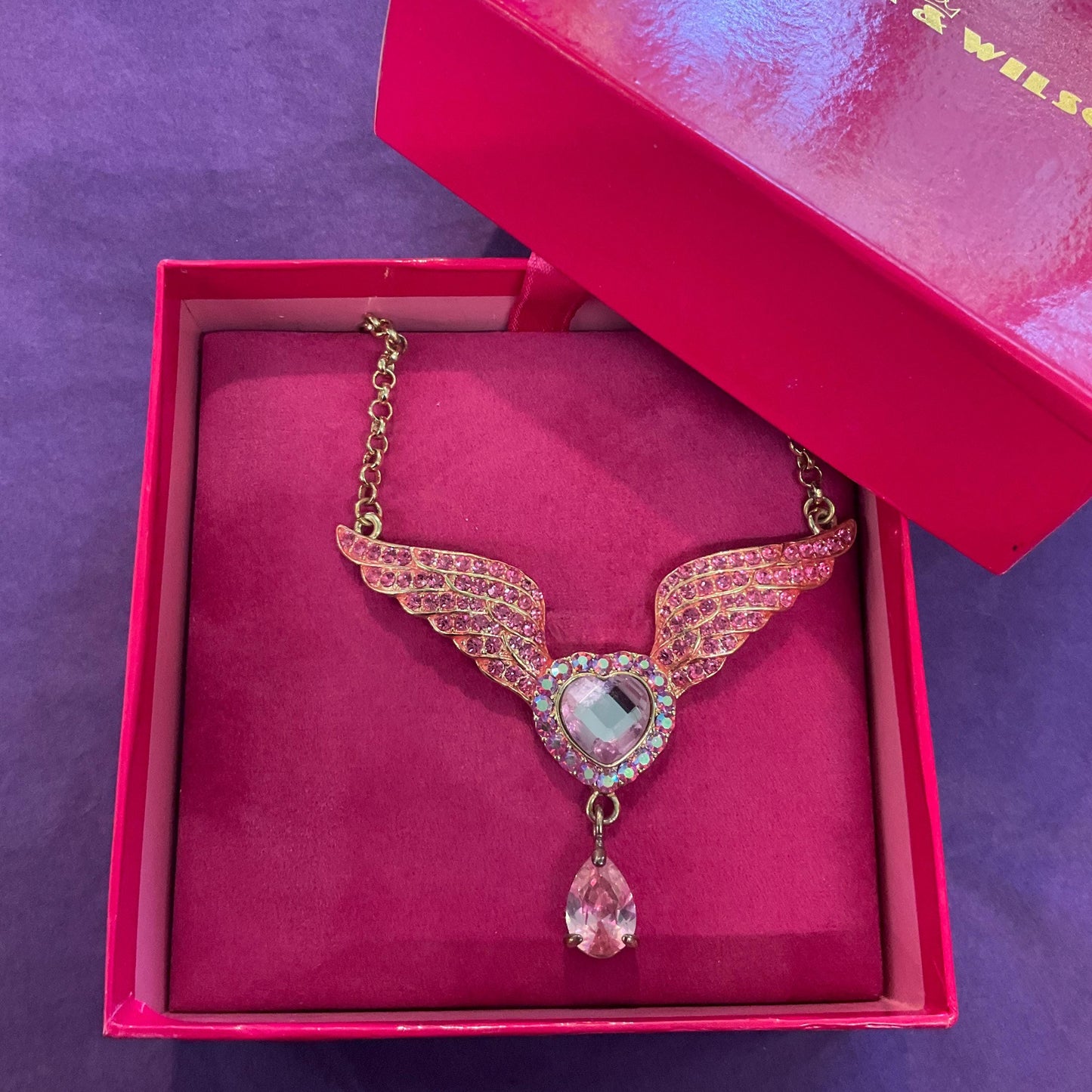 Vintage Butler and Wilson Pink Crystal Angel Wing with Heart Statement necklace, Gold Tone with pink Borealis crystals, prom, wedding