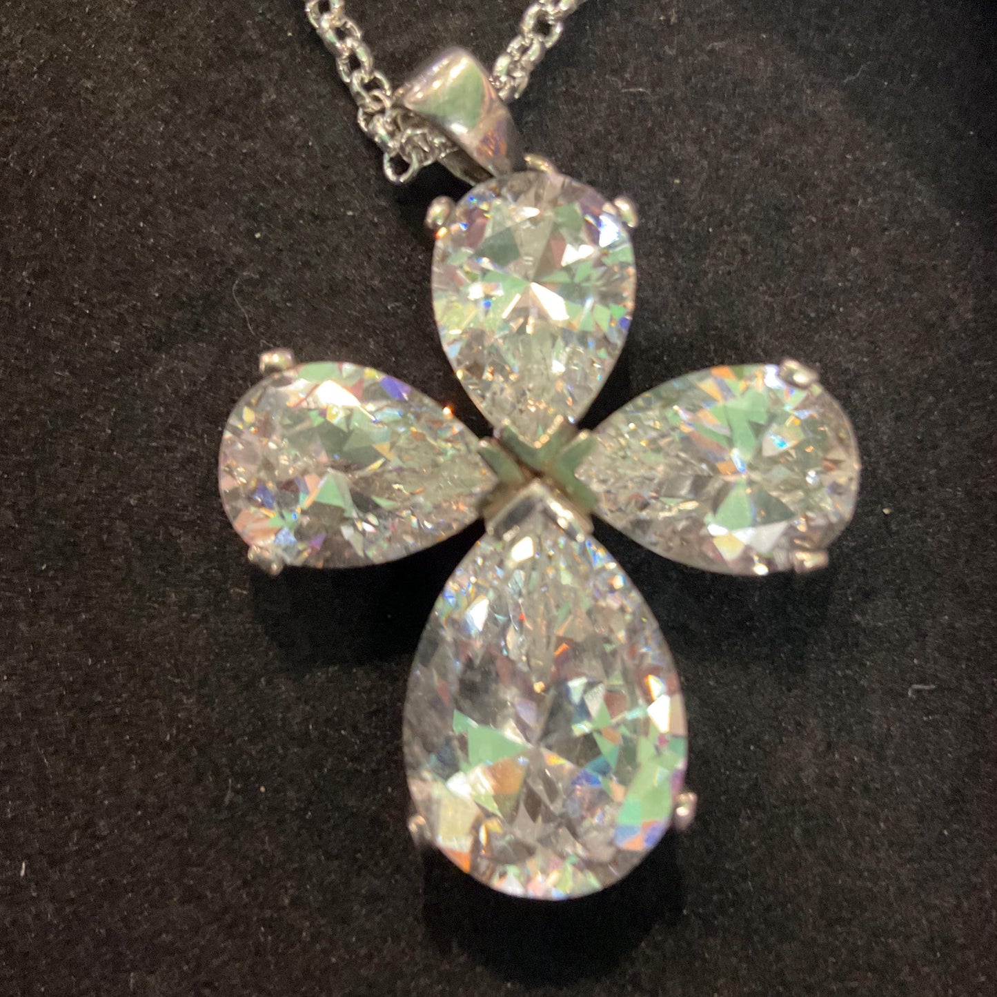 Vintage Silver (925) and Crystal Large Clover Shaped Pendant, New 925 Silver Snake Chain, Gift Box , Sustainable Gift, Wedding, Formal Event