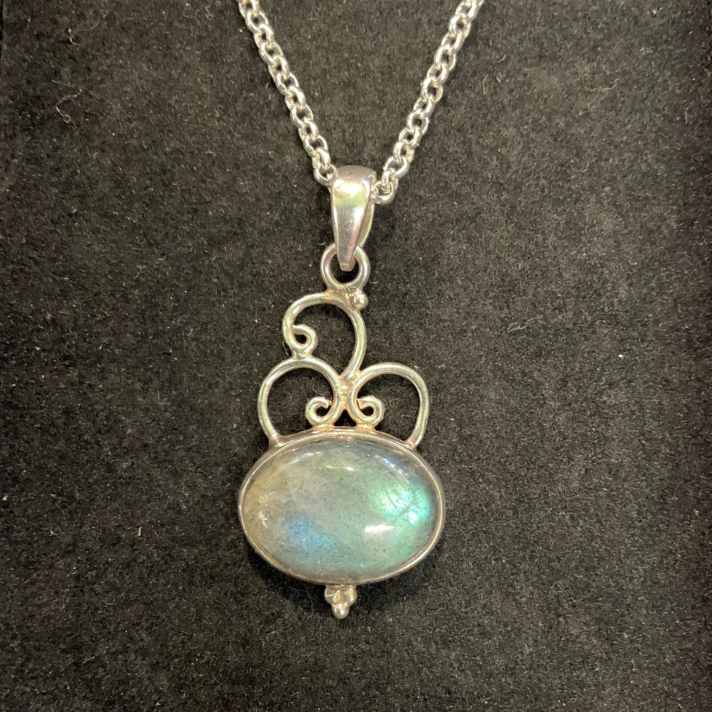 Vintage Silver and Labradorite Crystal Pendant, New Silver Plated Chain , Crystal Healing, sustainable gift