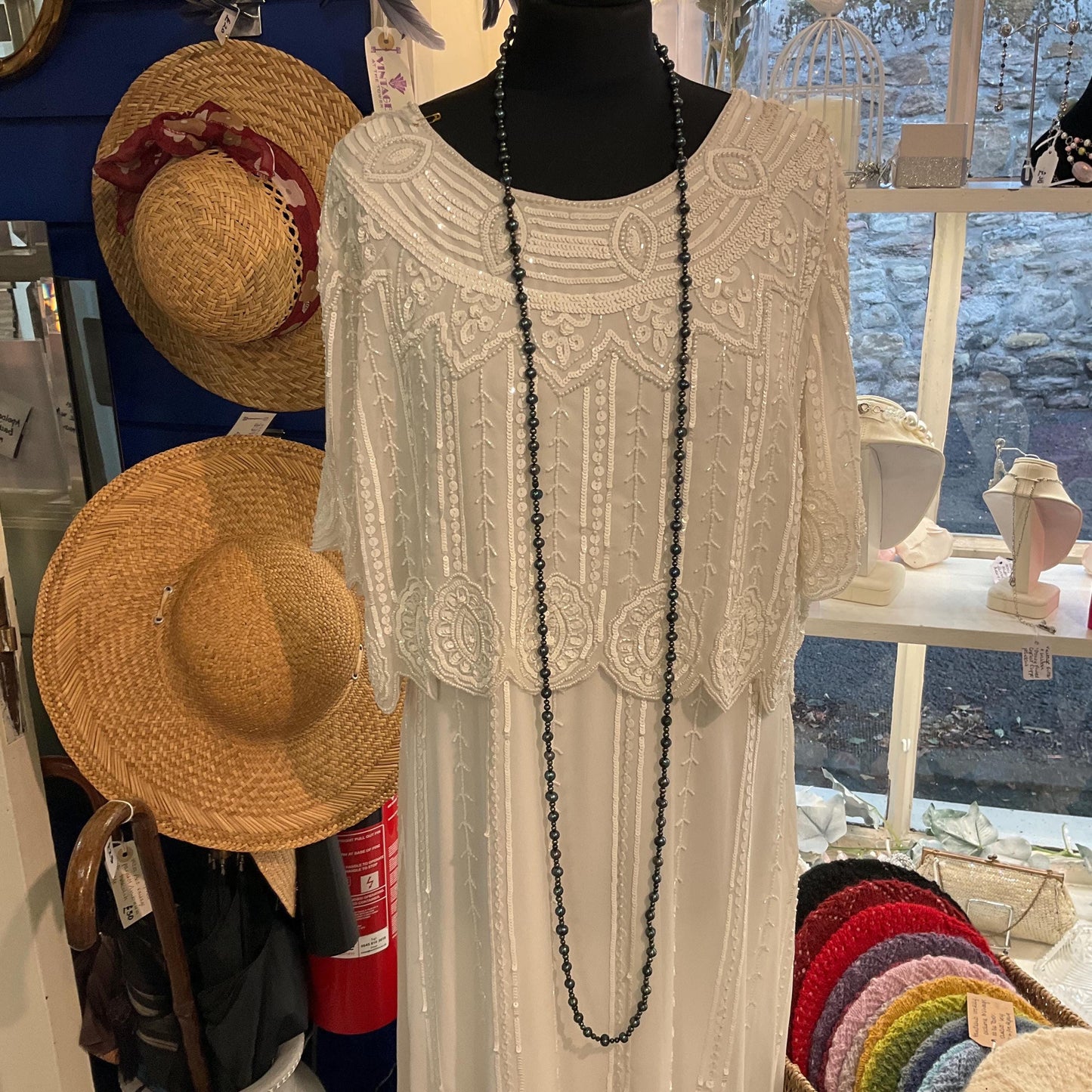 Vintage Peacock Fresh Water Pearl Flapper Length Beaded Necklace, Petrol Irridescent Colours, Ultra long, Formal Event