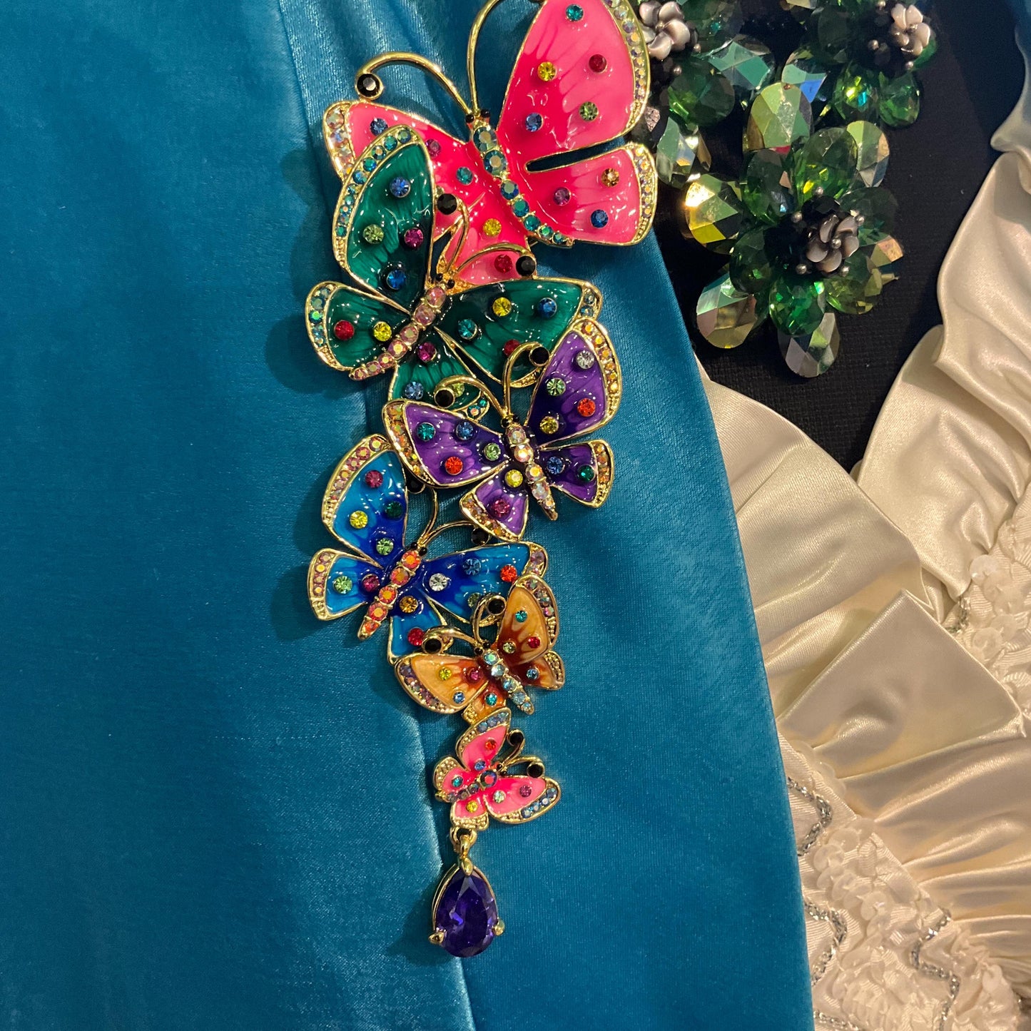 Vintage Butler and Wilson Large Rainbow Butterflies Brooch , Gold tone with multicoloured enamel and crystals, signed in original box