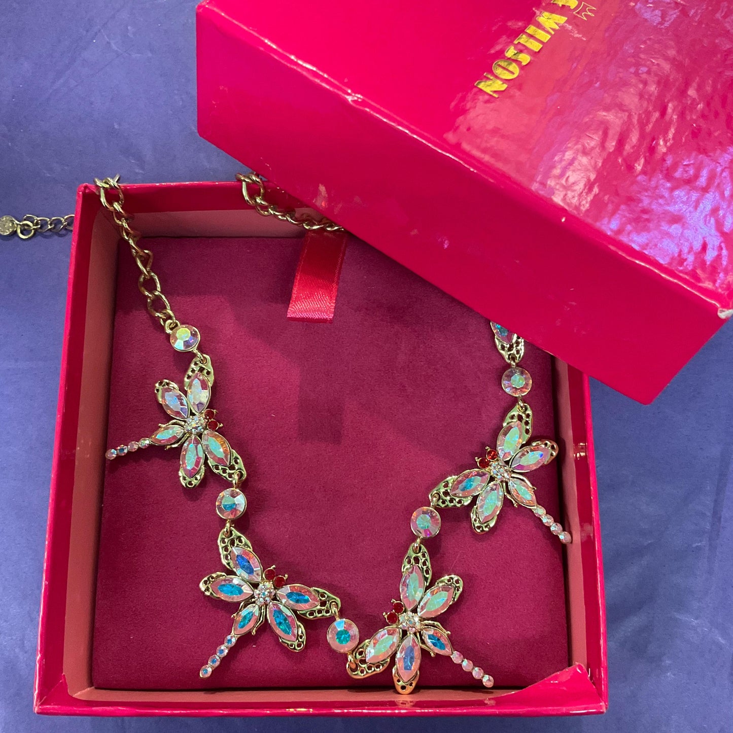 Vintage Butler and Wilson Rainbow Crystal Dragonfly Necklace , Gold Tone with Aurora Borealis Crystals , Signed in Original Box