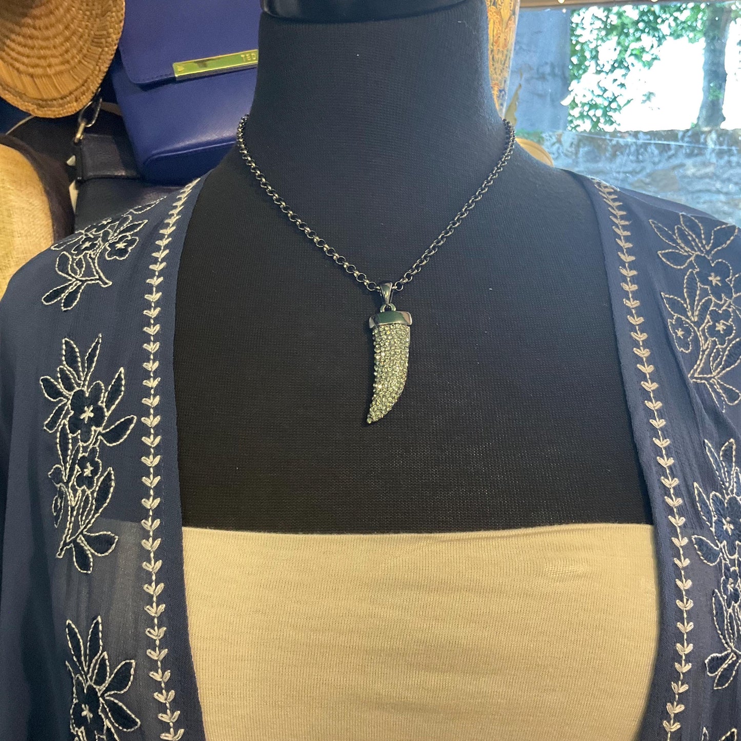 Vintage Butler and Wilson Large Pewter Tiger Fang Pendant , Pewter tone metal and crystals, Signed as new, Rock Chick, Steampunk