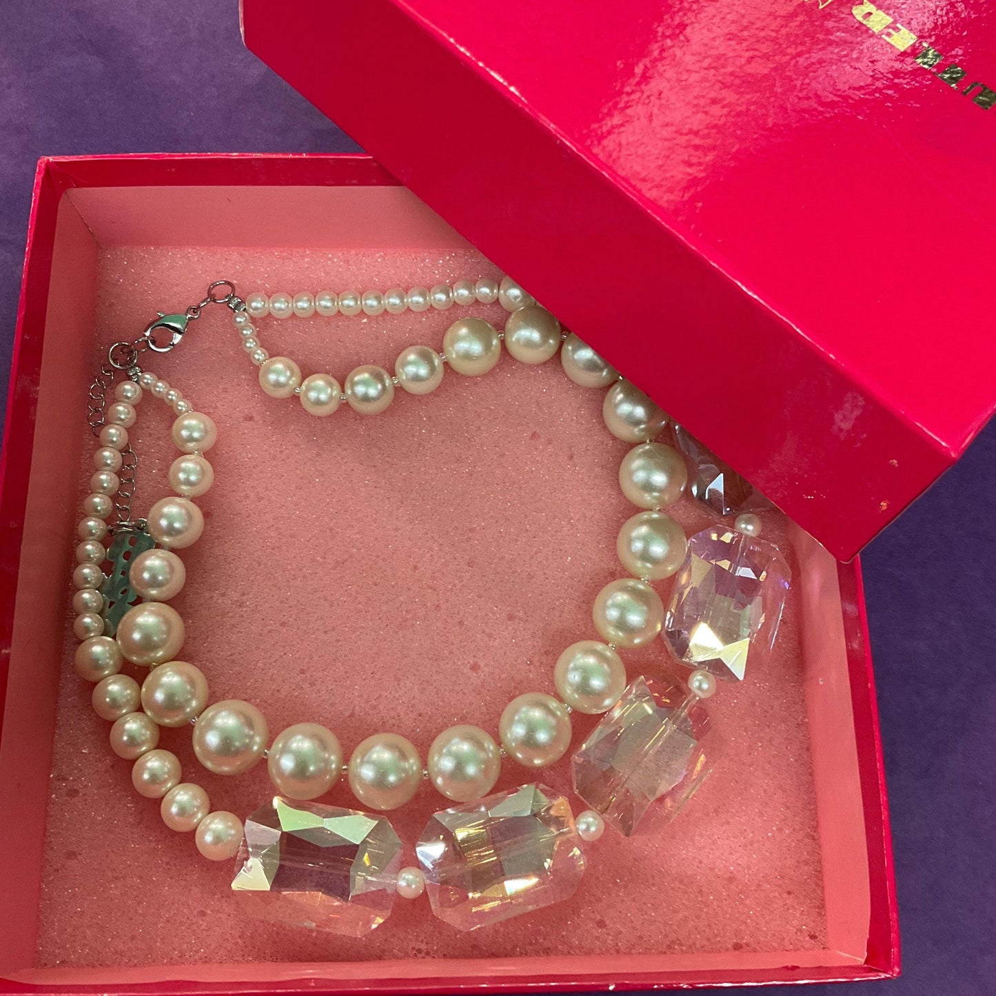 Vintage Butler and Wilson Faux Pearl & Rainbow Crystal Twin Row Necklace ,Graduated Ivory faux Pearls and Aurora Borealis Crystals