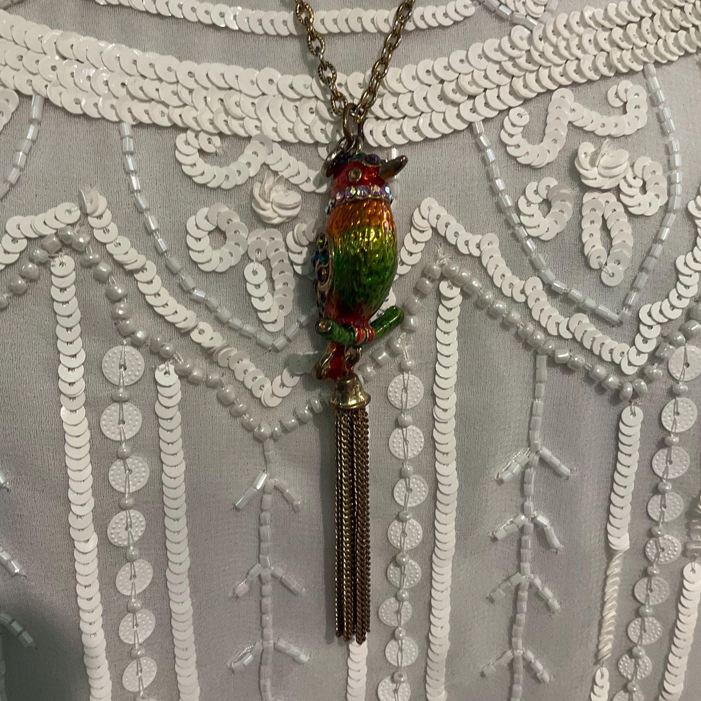 Vintage Butler and Wilson Bohemian Rainbow Crystal Kingfisher Tassled Pendant, Gols tone with Lustre Enamel & Multicoloured Rhinestones