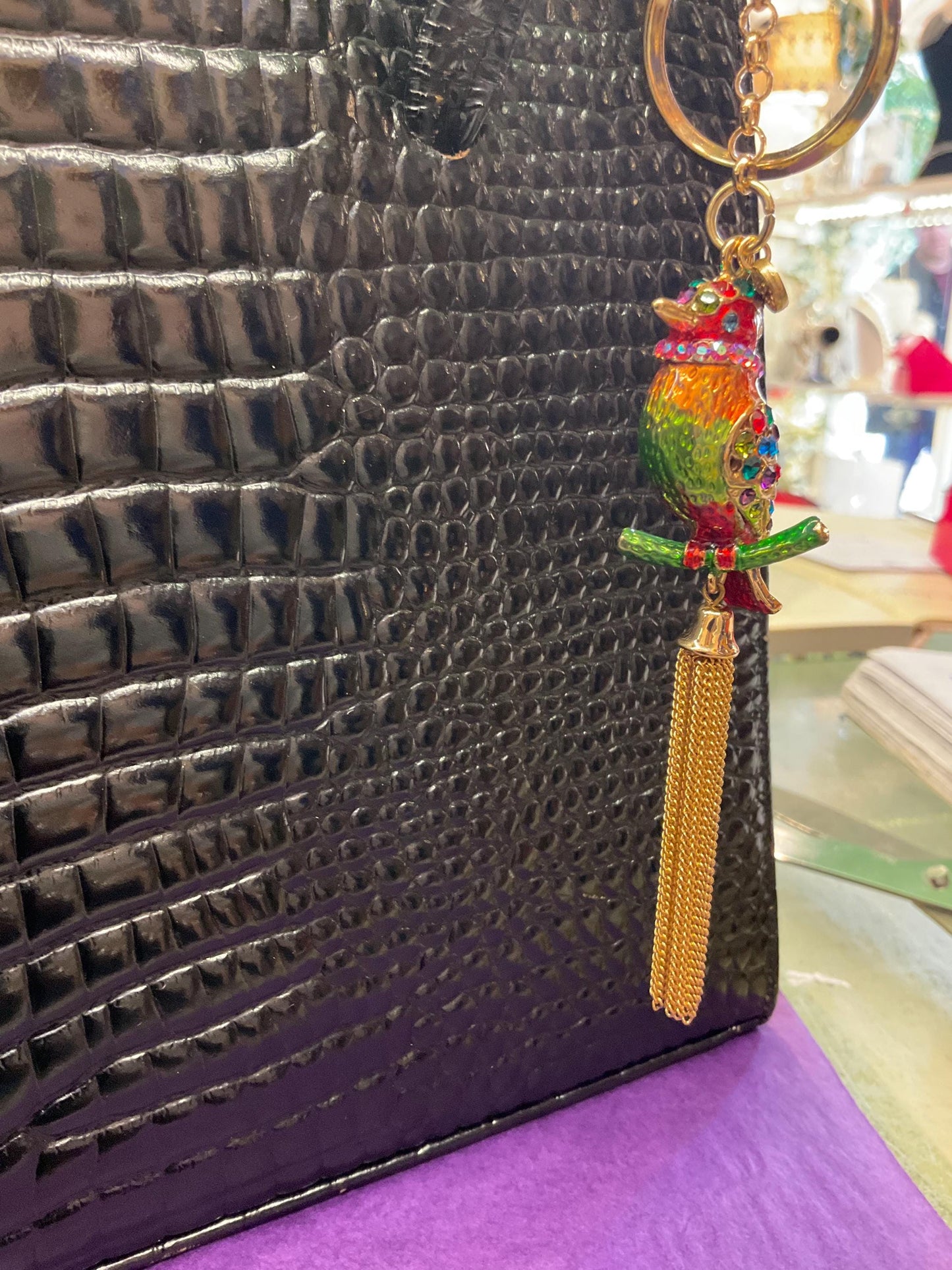 Vintage Butler and Wilson Rainbow Crystal Kingfisher Handbag Charm / Keychain, Gold tone with multicoloured enamel & Rhinestones