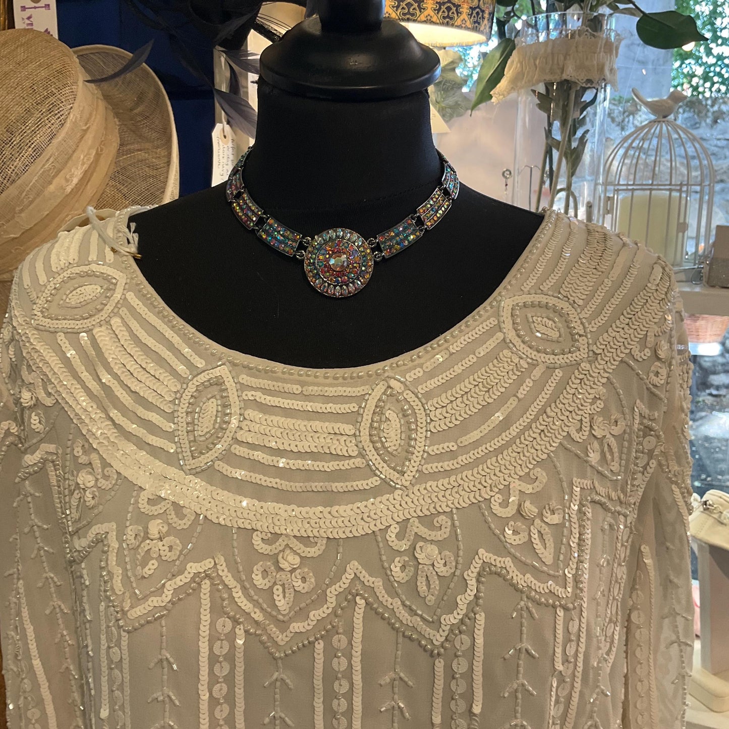 Vintage Butler and Wilson Rainbow Crystal Art Deco Style Panel Necklace, Pewter tone with multicoloured Borealis rhinestone and Crystal