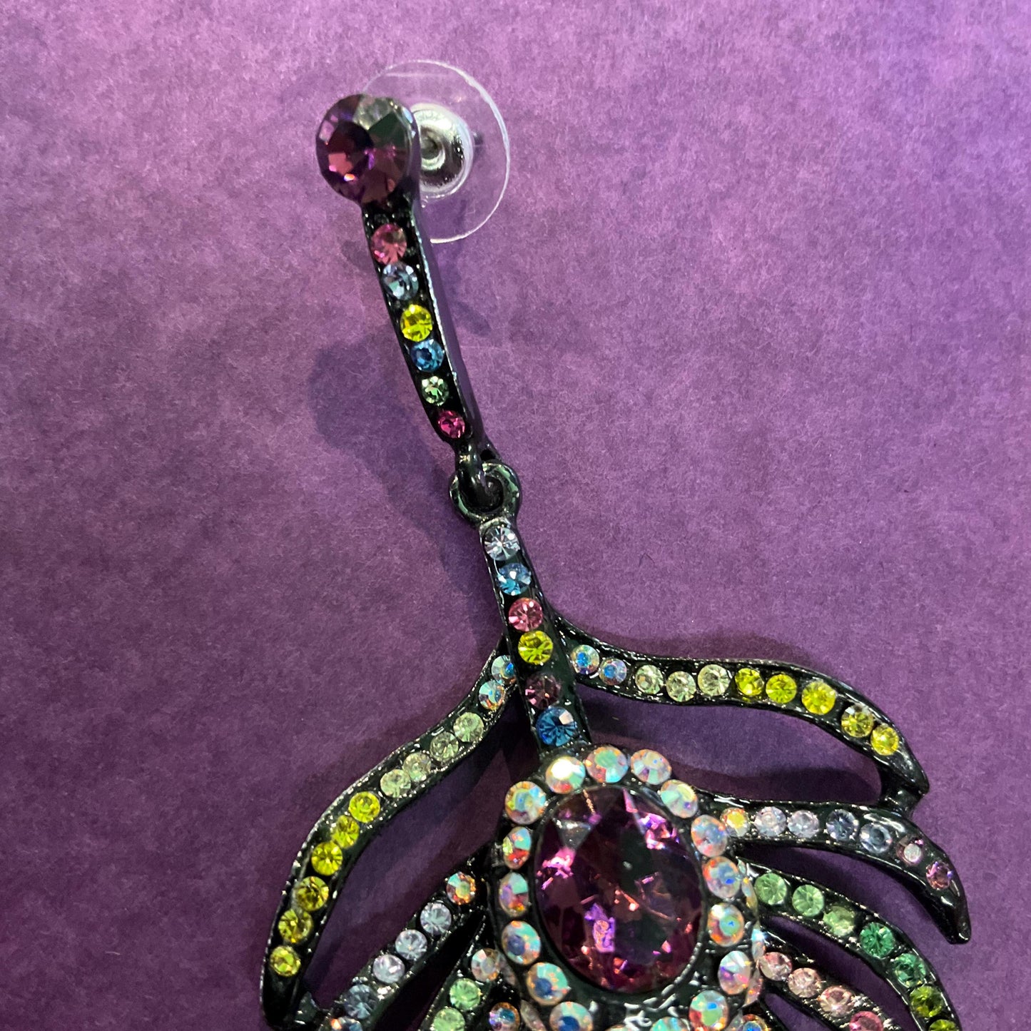 Vintage Butler and Wilson Bohemian Crystal Peacock Feather Statement Drop Earings, Pewter tone with multicoloured Rhinestones, Signed