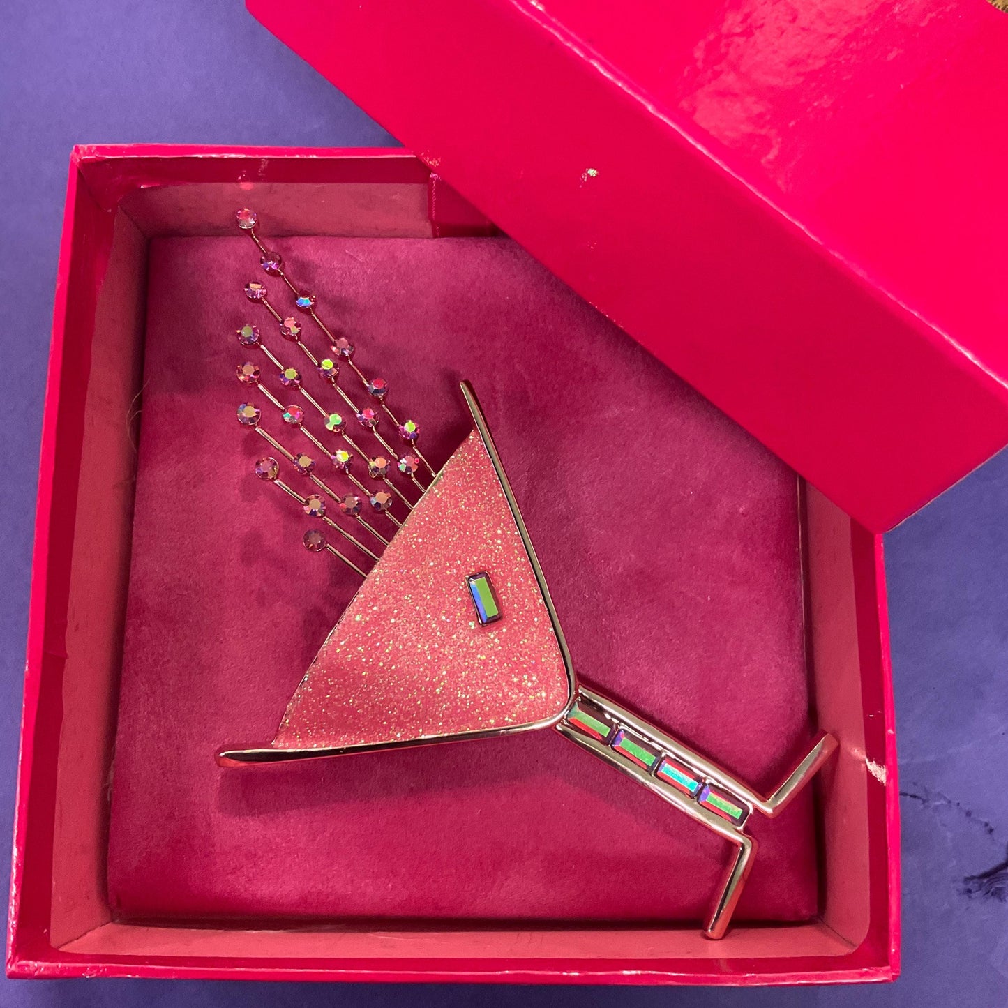 Vintage Butler and Wilson Large Pink Glitter Crystal Cocktail Glass Brooch, Rose Gold tone with Crystal Glitter and Rainbow Rhinestones