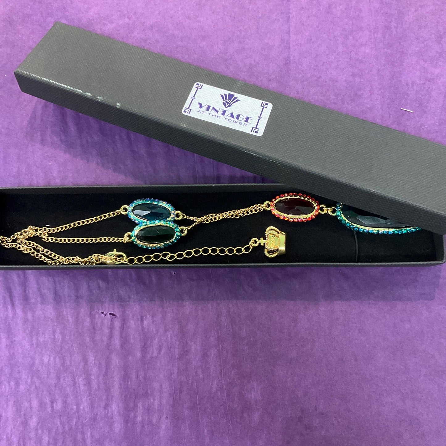 Vintage Butler and Wilson Rainbow Crystal ‘Y’ Drop Neccklace , Gold tone with Teal and Red Borealis faceted crystals and rhinestones