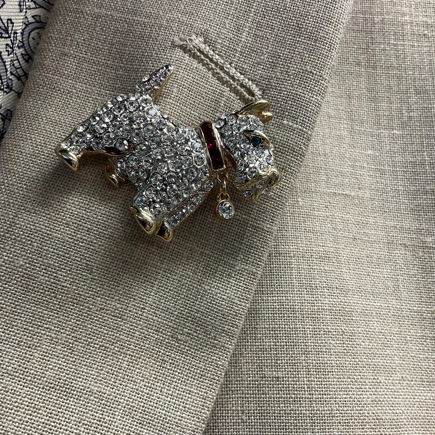 Vintage Butler and Wilson Silver Crystal Scottie Dog Brooch, Gold Tone with Silver, Red and Green rhinestones, Dog lover gift, signed