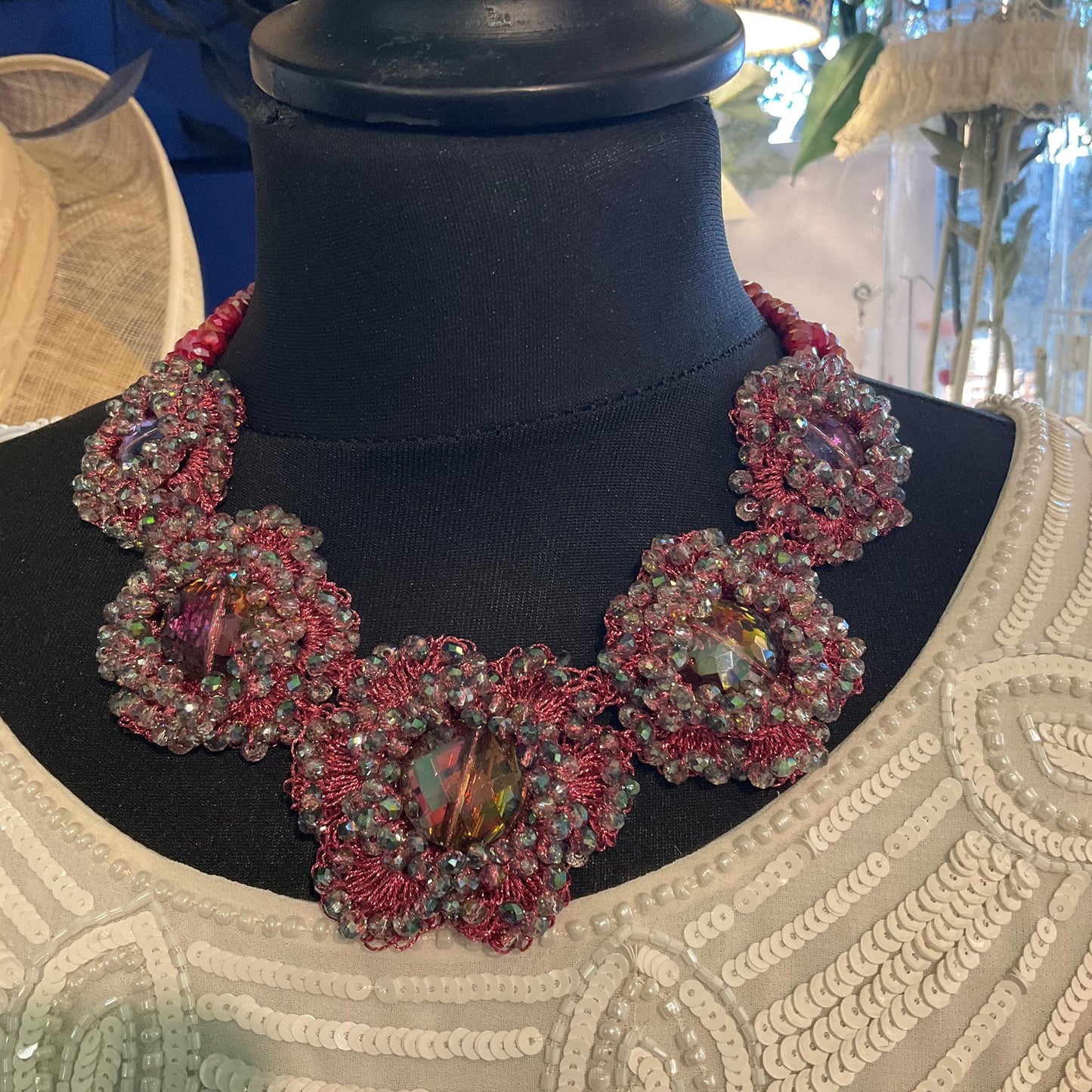 Vintage Butler and Wilson Bohemian Crystal Flower Necklace, pink crochet with Aurora Borealis Beads, Festival, Gifts for her