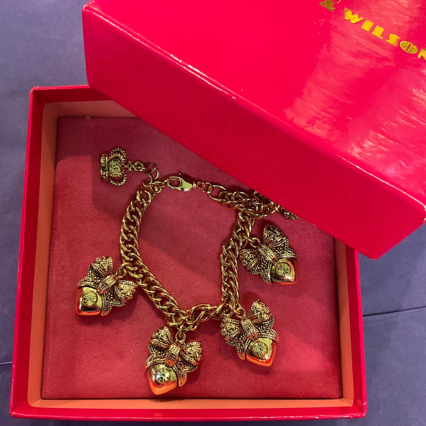 Vintage Butler and Wilson Barouque Style Rose Gold Bow and Heart Charm Bracelet, Rose Gold Crystals, Signed as new, sustainable Gift