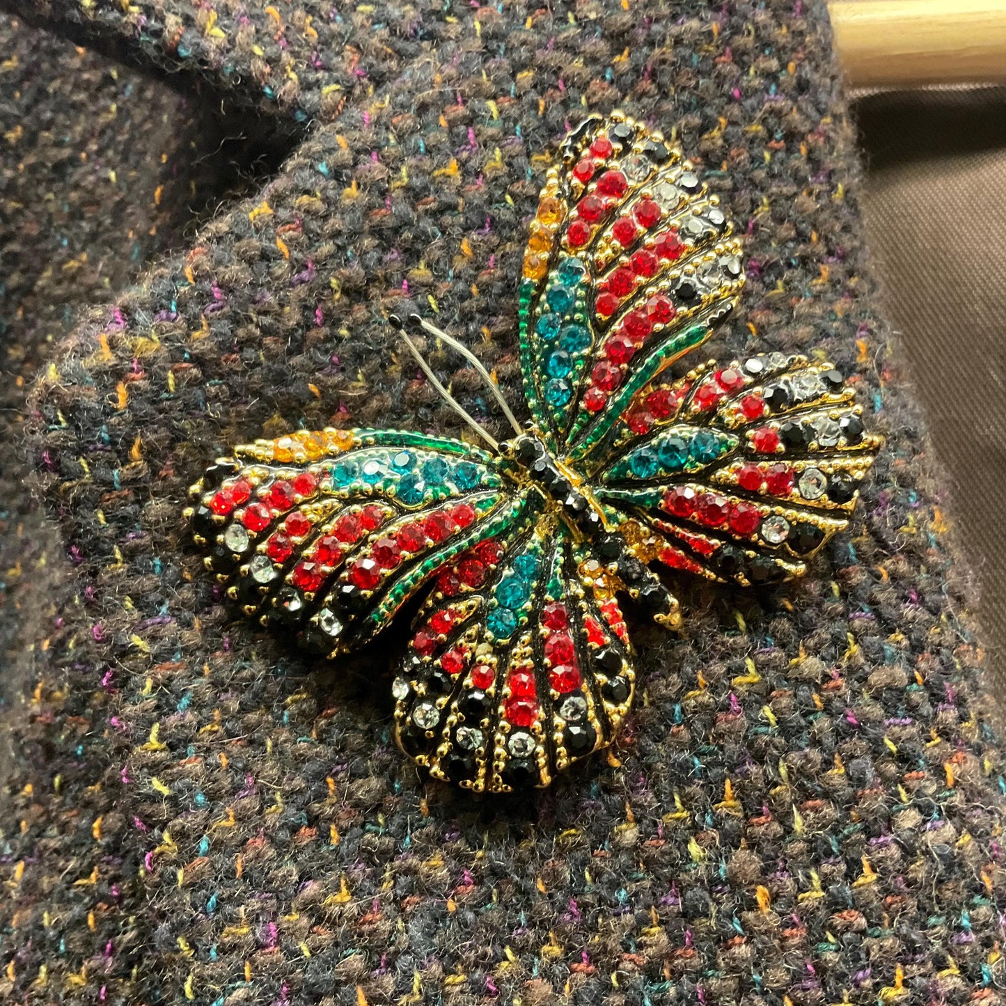 Vintage Butler and Wilson Crystal Bohemian Butterfly Brooch, Gold Tone with Multicoloured Crystal Rhinestones, Signed as new