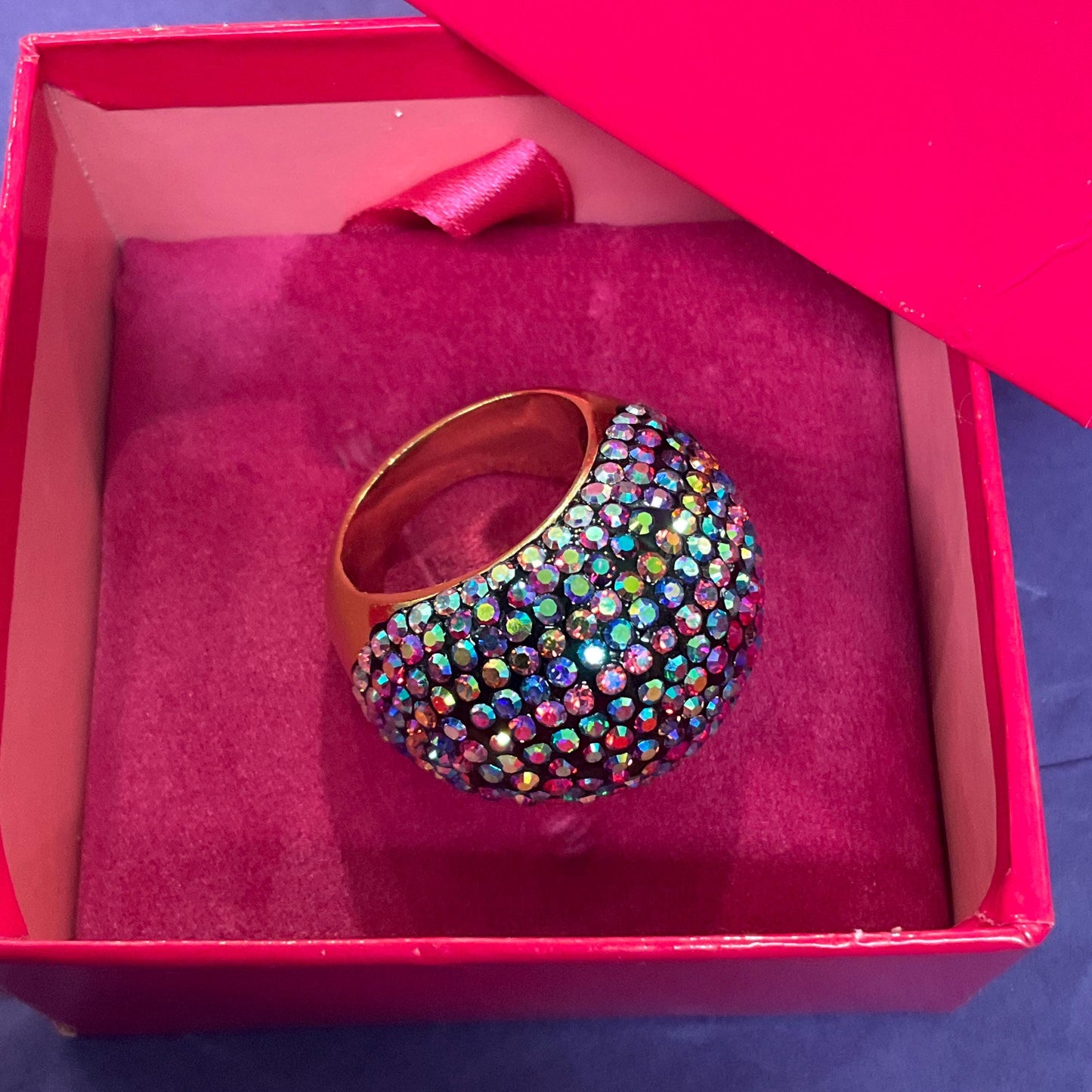 Vintage Butler and Wilson Statement Rainbow Crystal Domed Ring, Gold tone with Aurora Borealis Rhinestones, Signed in Original Box