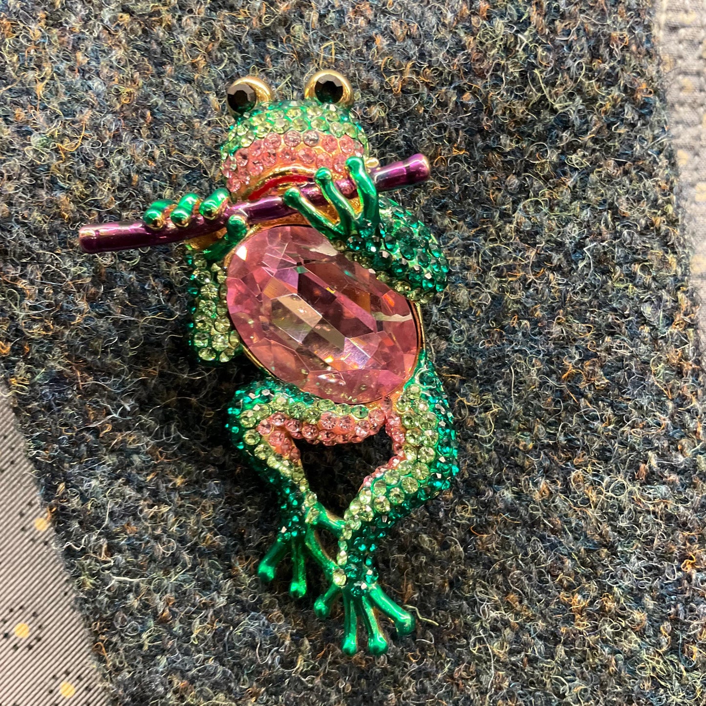 Vintage Butler and Wilson Large Crystal Frog with Flute Brooch, Gold tone with large pink crystal and Green rhinestones, signed