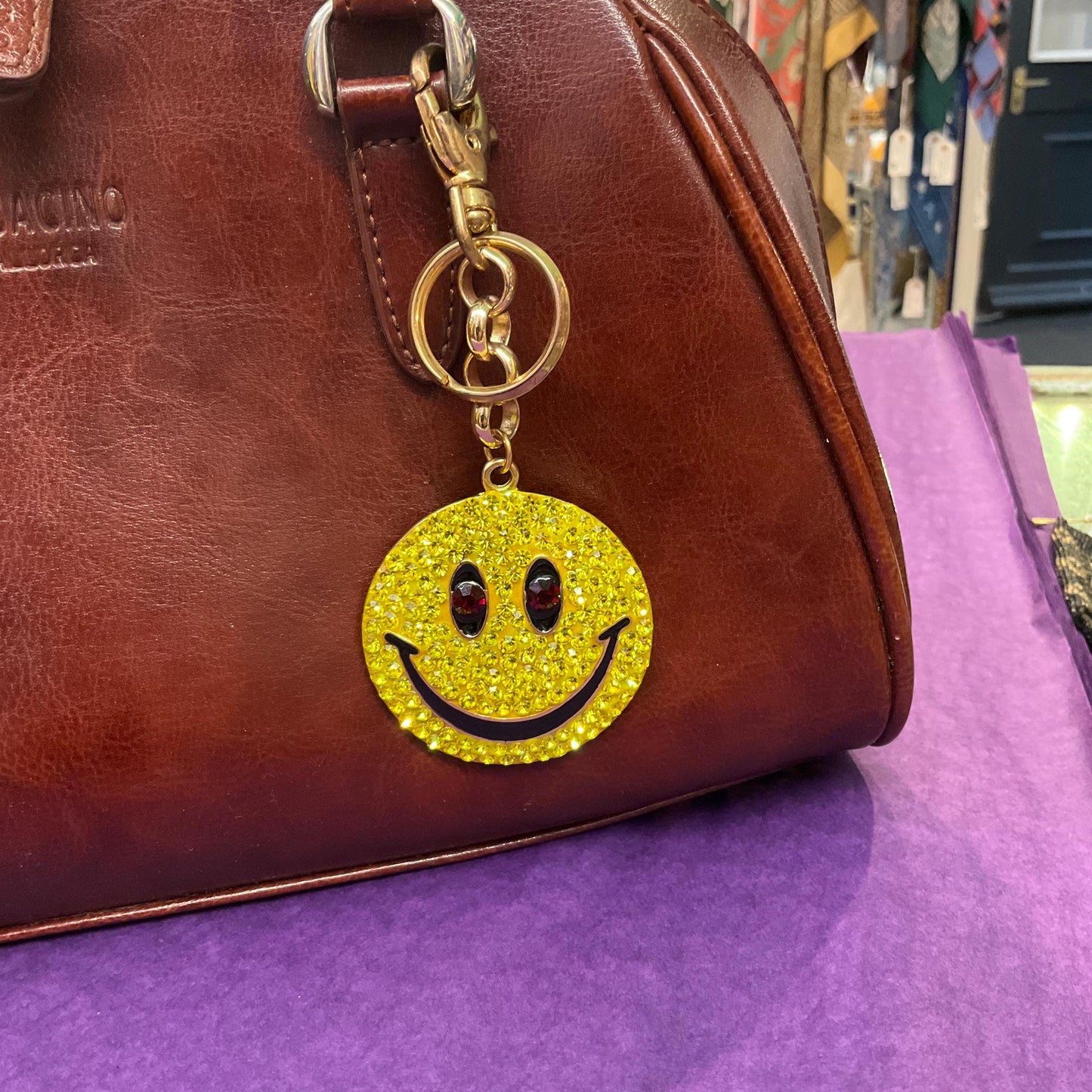 Vintage Butler and Wilson Large Smiley Face Crystal Handbag Charm/ Keyring, Gold tone with enamel and yellow rhinestones