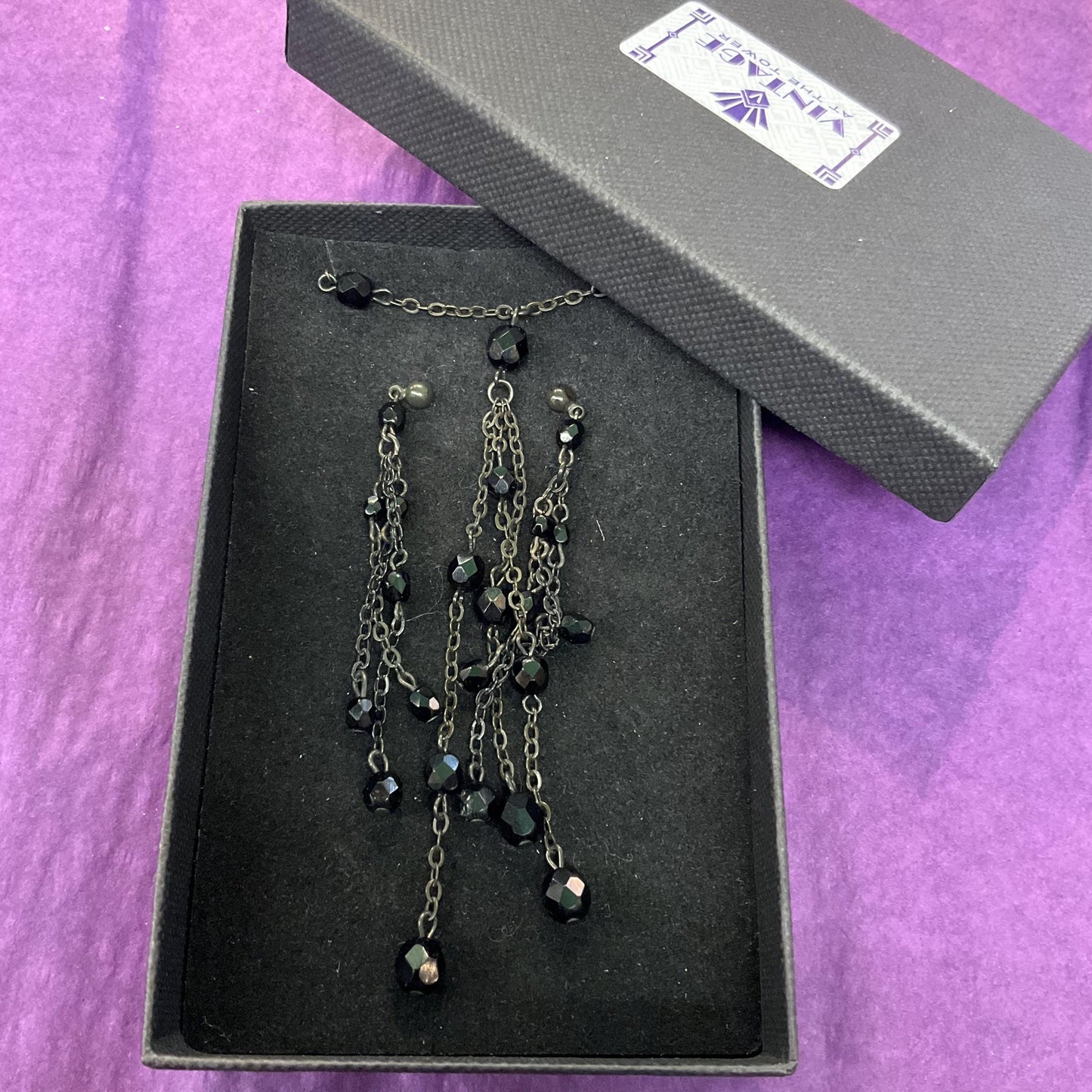 Vintage Butler and Wilson Black Crystal Gothic Necklace and Drop Earring Set , Dark Pewter tone with Black faceted crystals