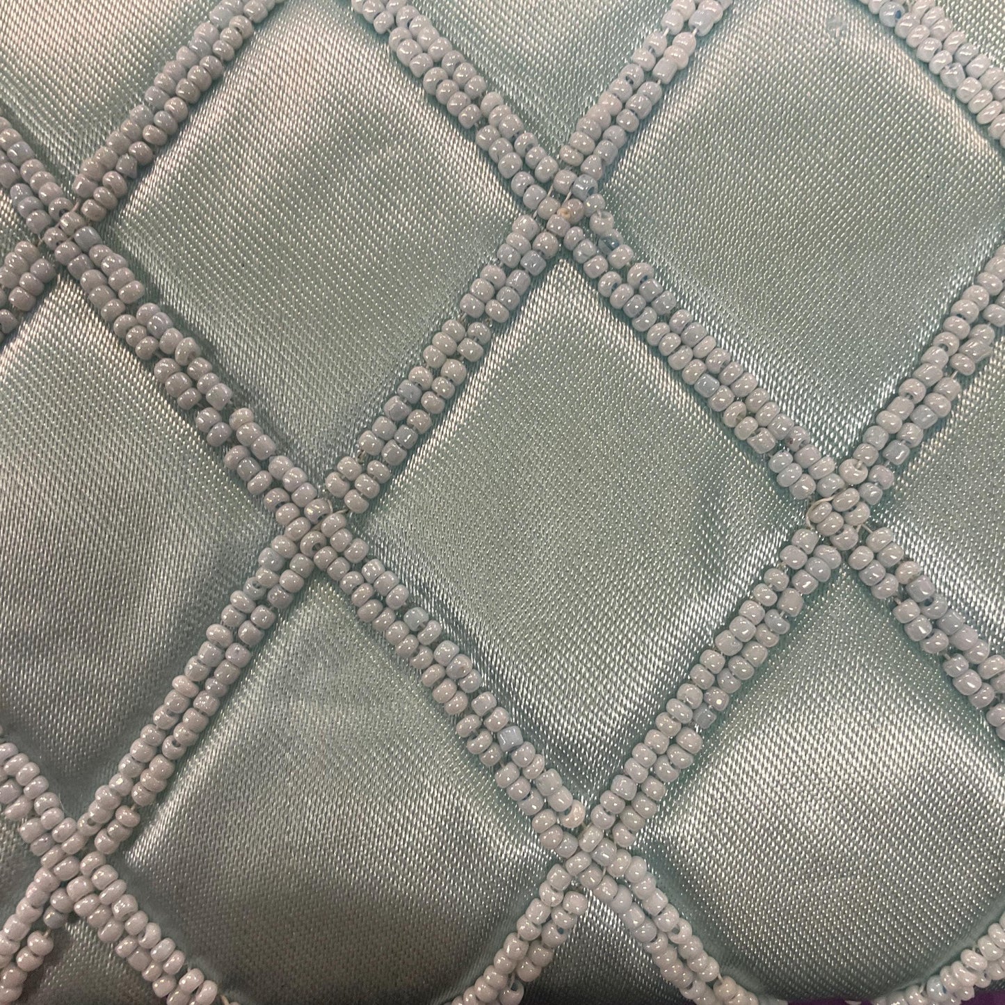 Vintage 1950s/60s Pale Aqua Satin Beaded Clutch Bag, Trellis decoration with seed beads and Borealis rainbow sequins , formal event