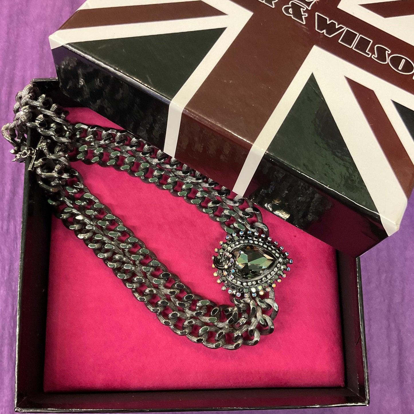 Vintage Butler and Wilson Gothic Crystal Pewter Statement Chain Necklace, Pewter faceted crystal with silver & Borealis rhinestones, signed