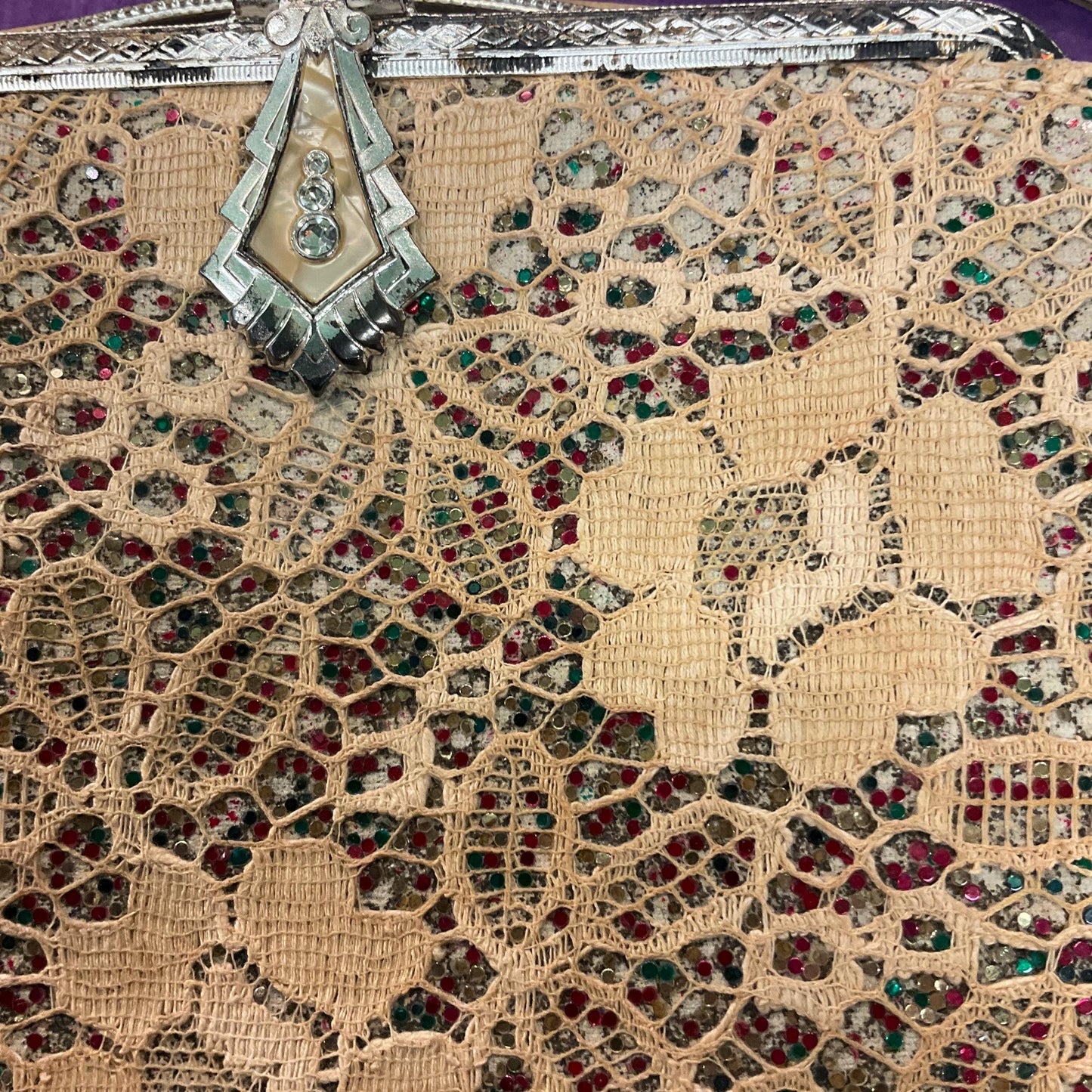 Antique Art Deco Evening Bag by CFR, Rainbow Gitter with Lace overlay, PearlyLucite Frame and Crystal Clasp