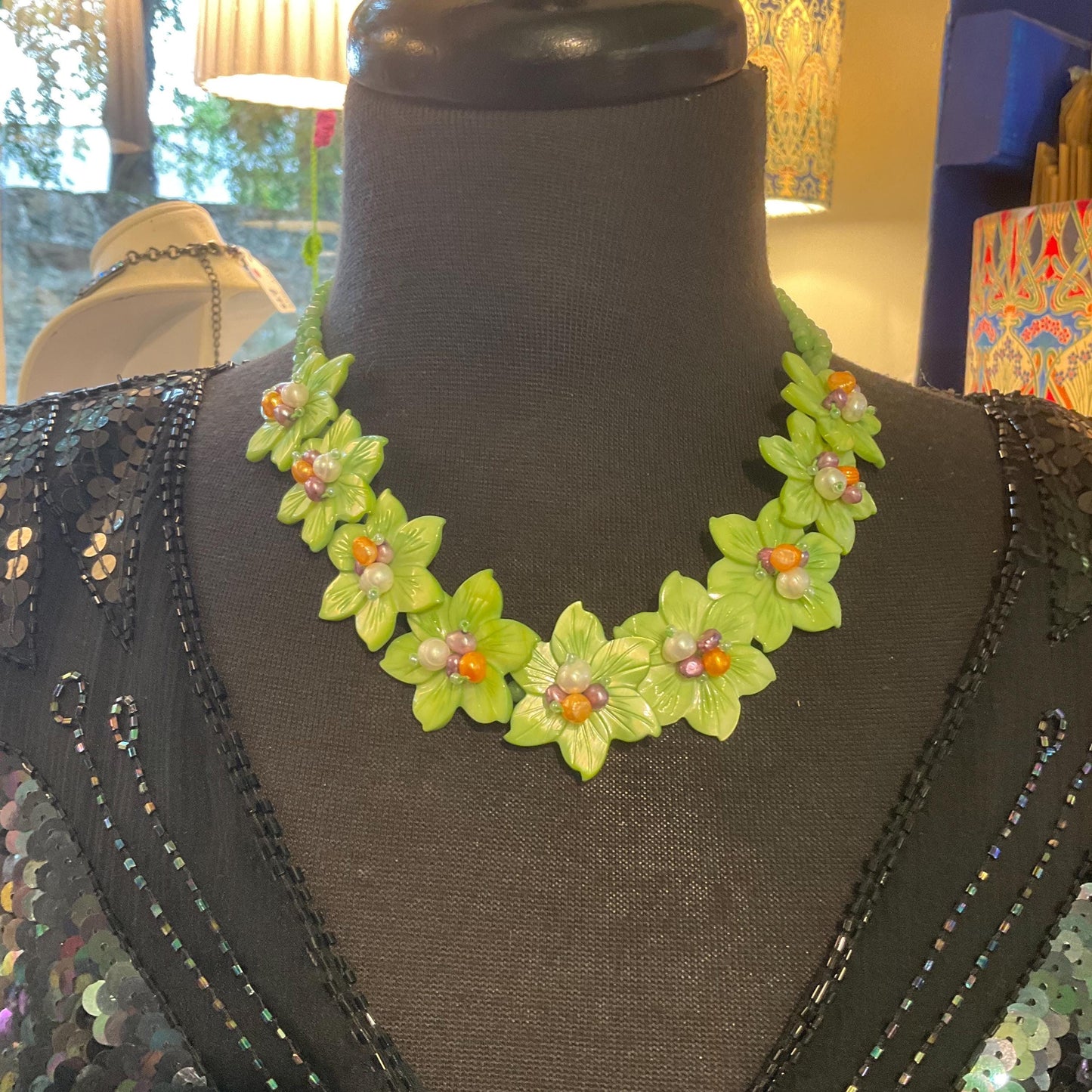 Vintage Butler and Wilson Green Flower Garland Fresh Water Pearl and Crystal Statement Necklace, Signed in original box