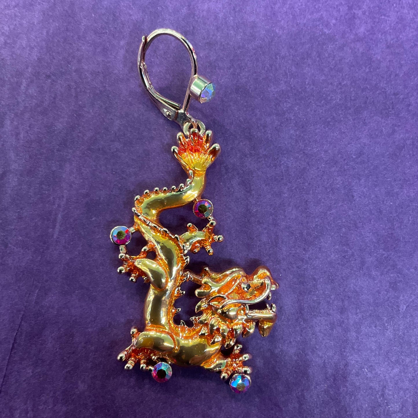 Vintage Butler and Wilson Chinese Golden Dragon Crystal Drop Earrings, Rose gold tone with red Borealis Rhinestones