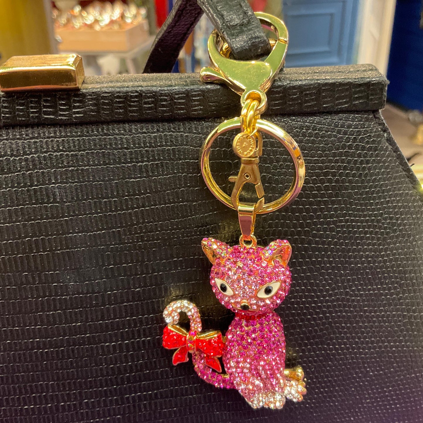 Vintage Butler and Wilson Pink Crystal Pussycat Handbag Charm / keyring, gold tone with silver and pink ombré crystals