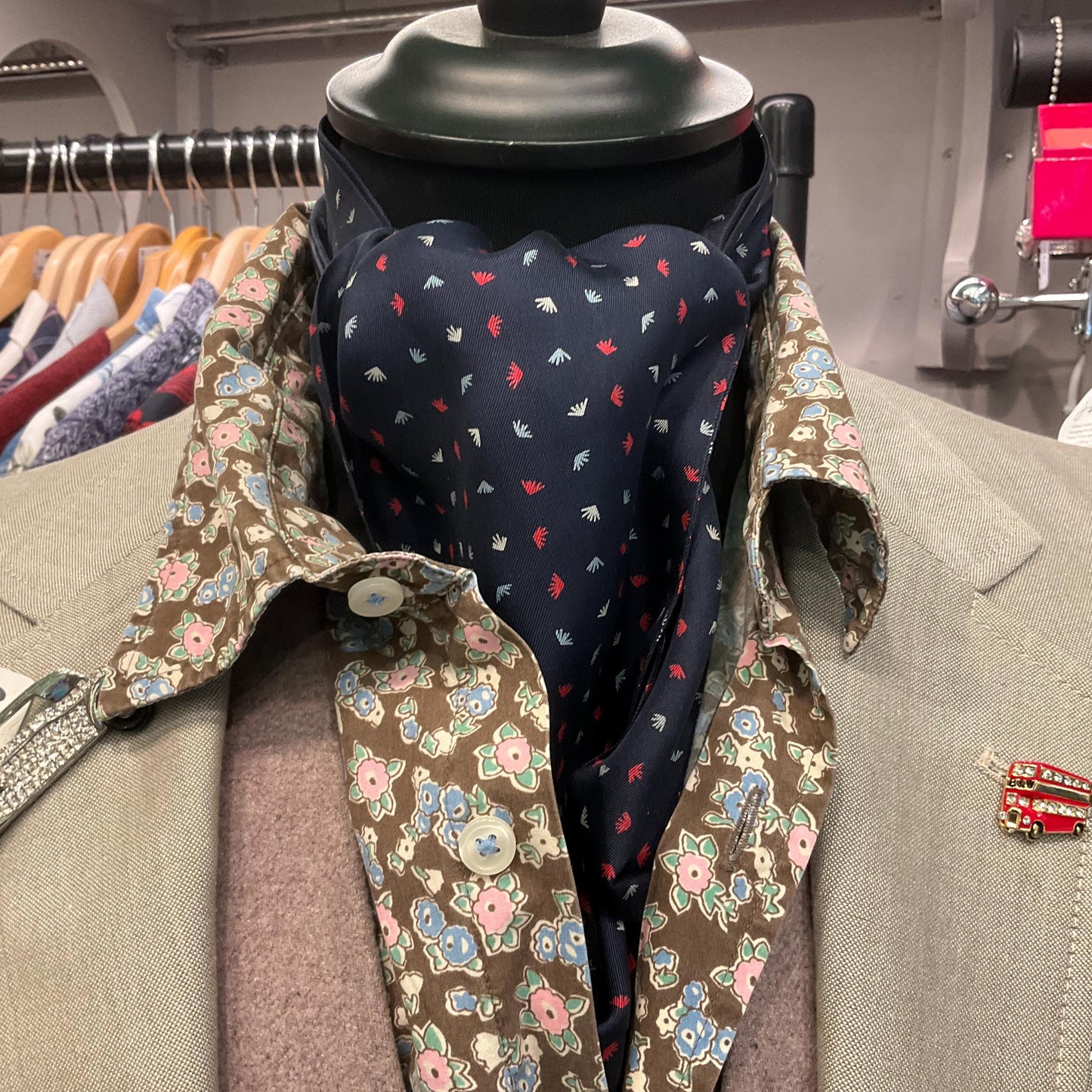 Vintage Gents Pure Silk Cravat by Liberty, Navy, Silver and Red ditsy print, vintage wedding, gifts for him