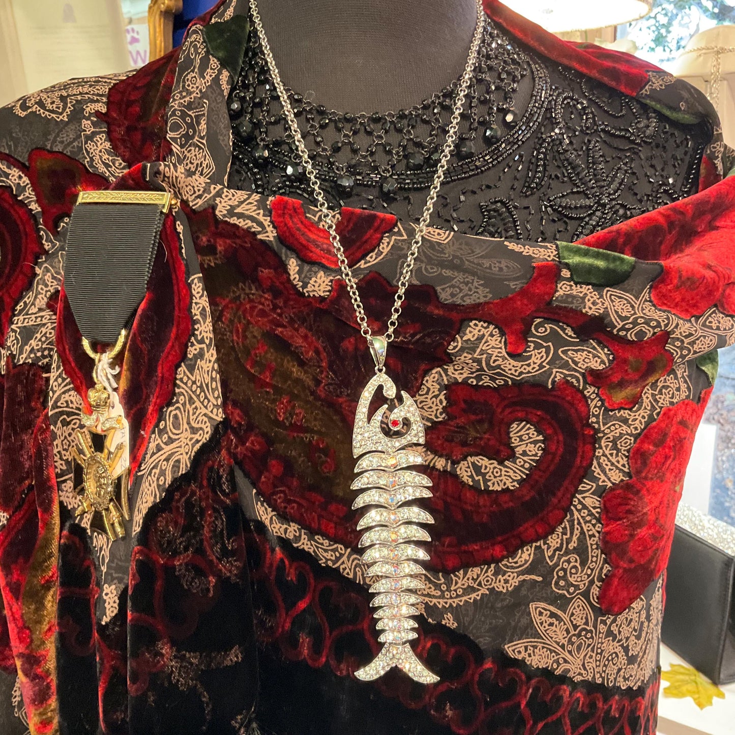 Vintage Butler and Wilson Silver Crystal Articulated Long Pendant, silver tone with Aurora Borealis Crystals.