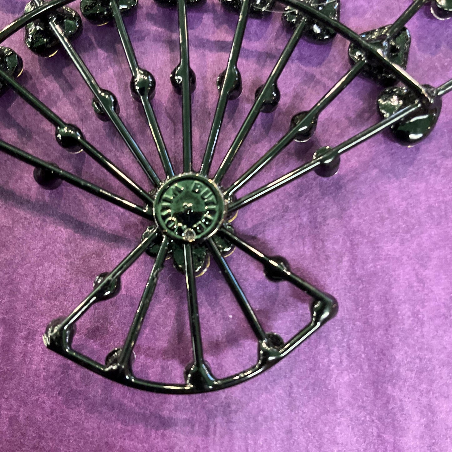 Vintage Butler and Wilson Large Crystal Fan Brooch, Black metal with silver and Aurora Borealis rhinestones