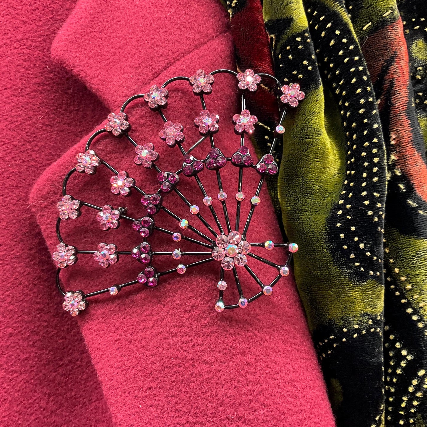Vintage Butler and Wilson Large Crystal Fan Brooch, Black metal with Pink Rhinestone