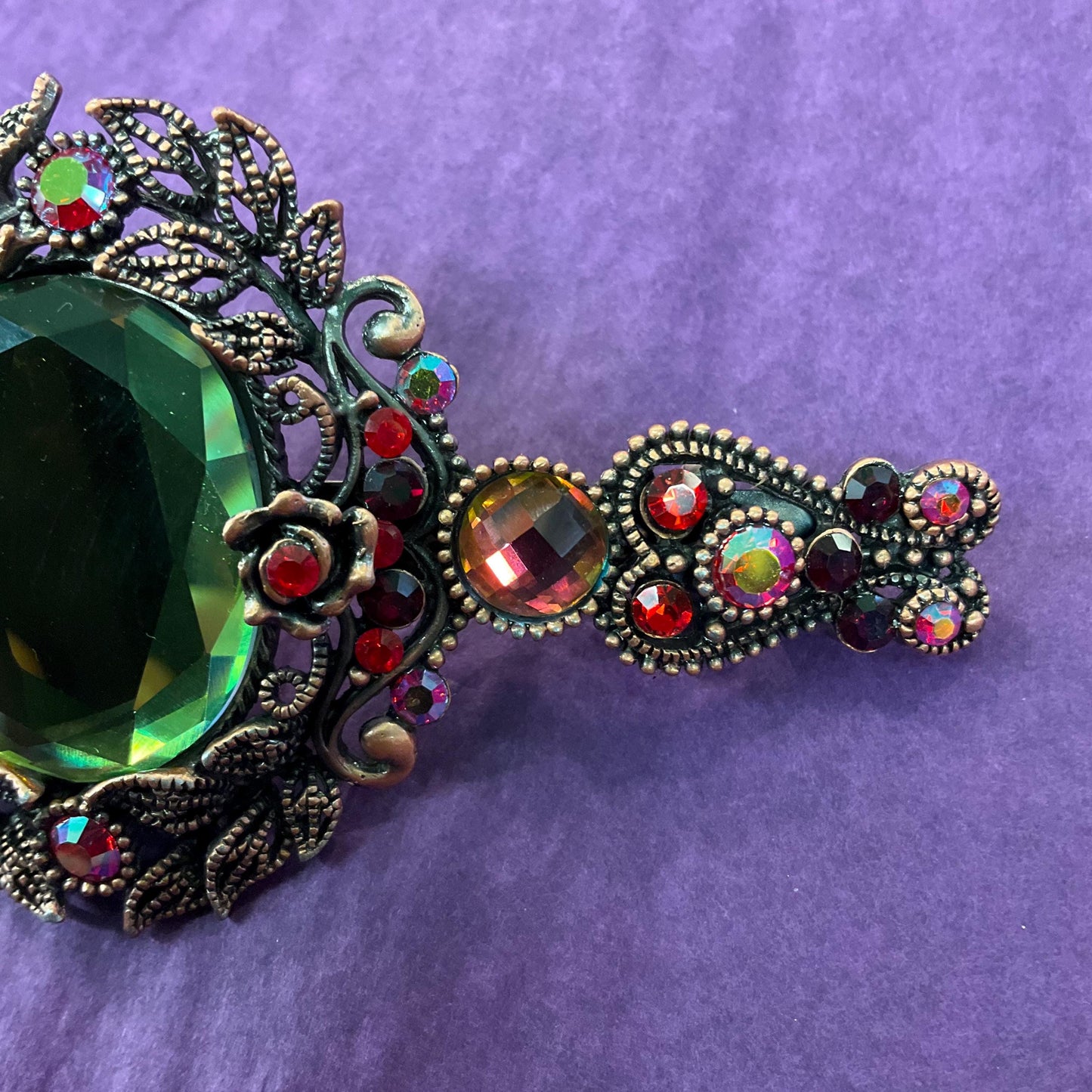 Vintage Butler and Wilson Large Mirror Crystal Hair Slide/ Barette, Rose gold tone , pink, green and red crystals