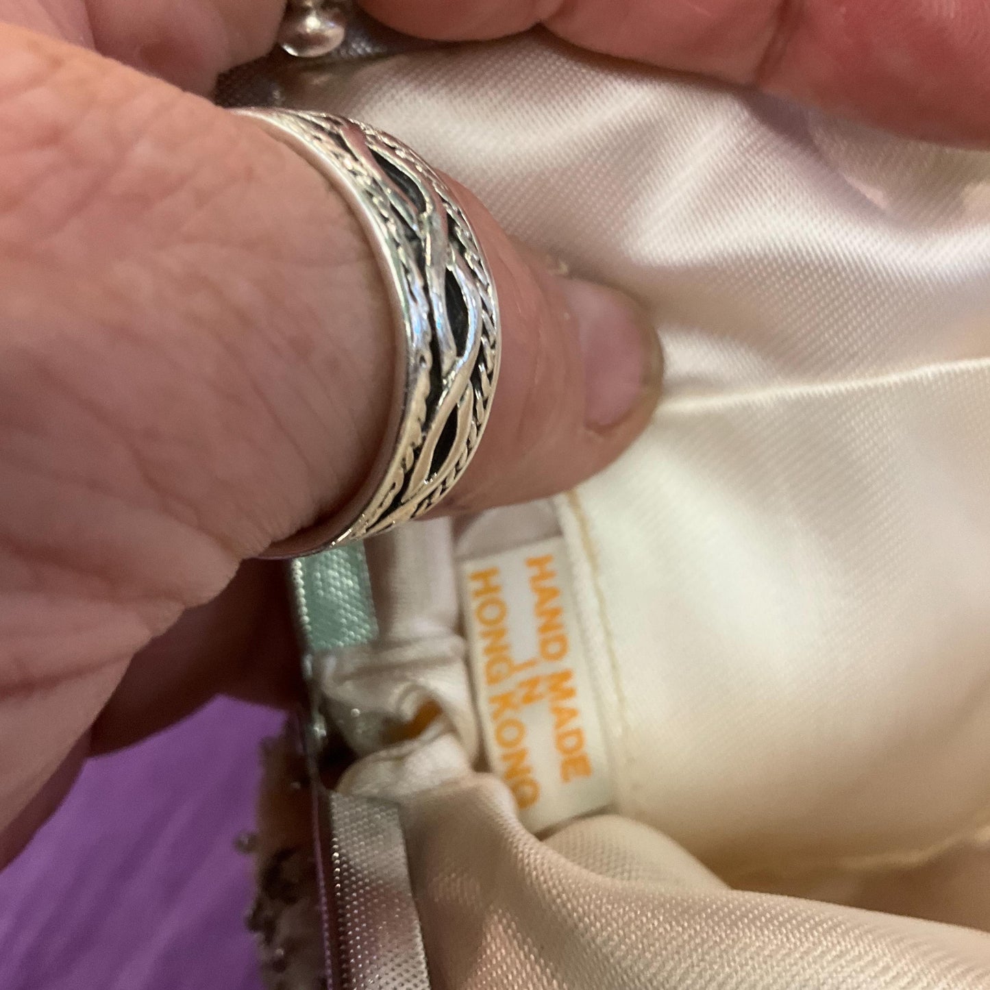 Vintage Hand Made 1960s Silver Lurex Starburst Beaded Evening Bag , Glittery metallic fabric.