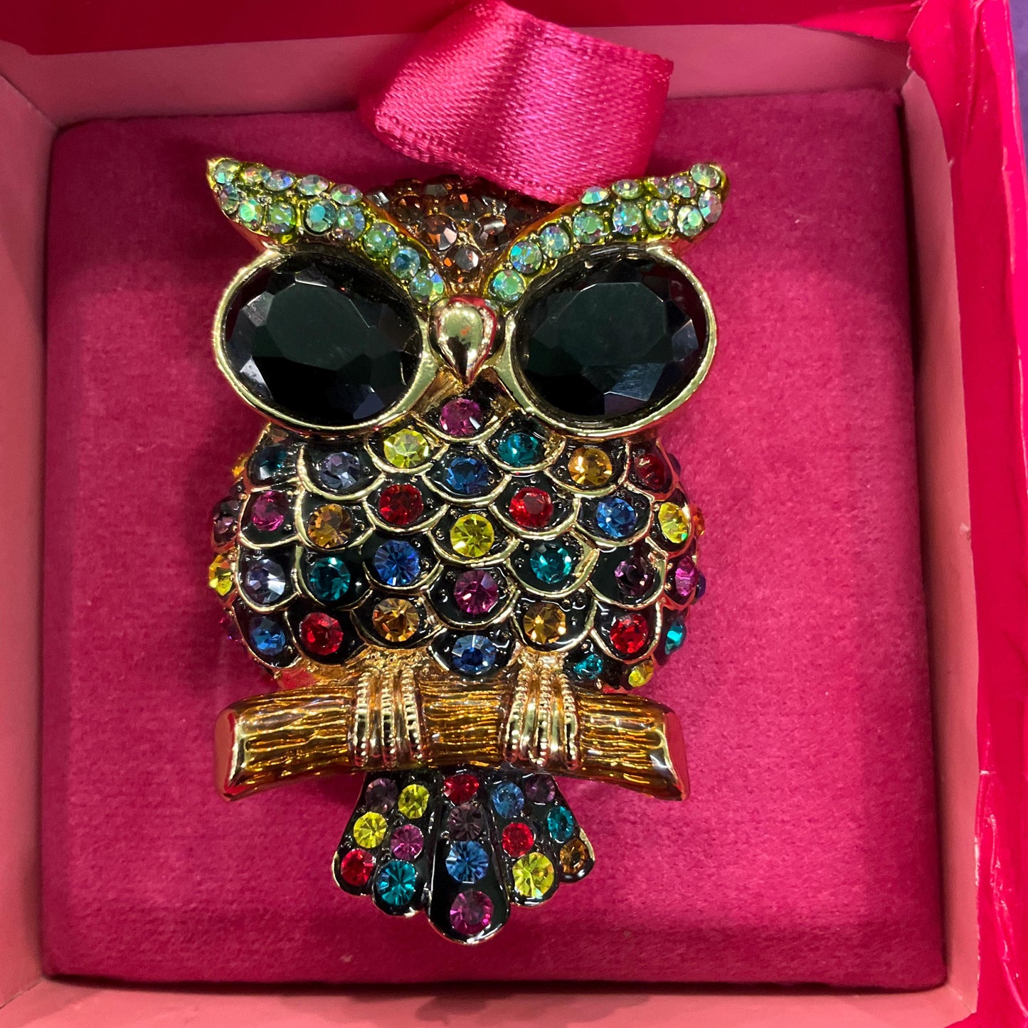 Vintage Butler and Wilson Crystal Owl Brooch , Gold tone with multicoloured Crystal, Signed in Original Box