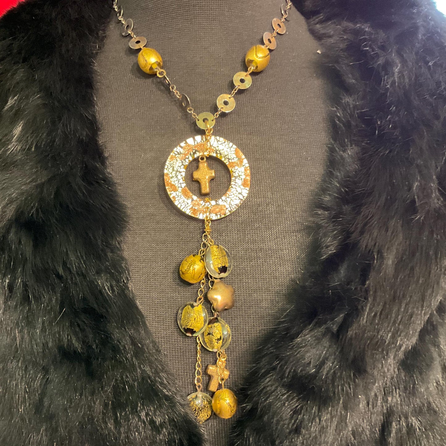 Vintage Butler and Wilson Gold Foiled Glass Tassled Statement Pendant, Gold and Silver tone