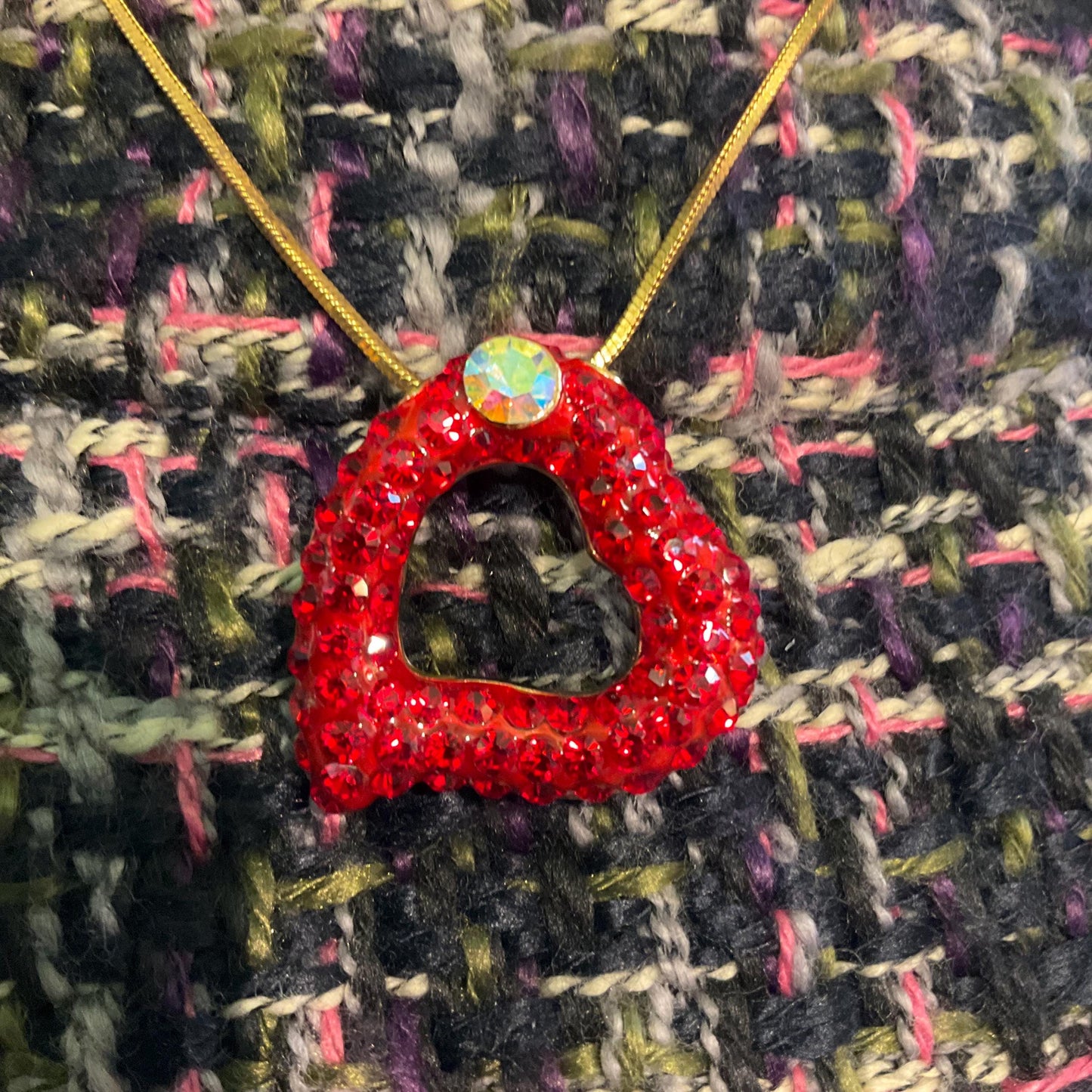 Vintage Butler and Wilson Red Crystal Asymetrical Heart Pendant, gold tone with red rhinestones and Aurora Borealis Crystal