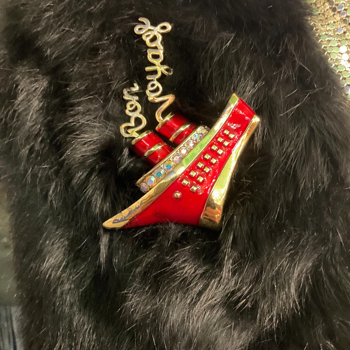 Vintage Butler and Wilson Art Deco Style ‘Bon Voyage’ large brooch, Gold tone metal with lustre enamel and Borealis crystals