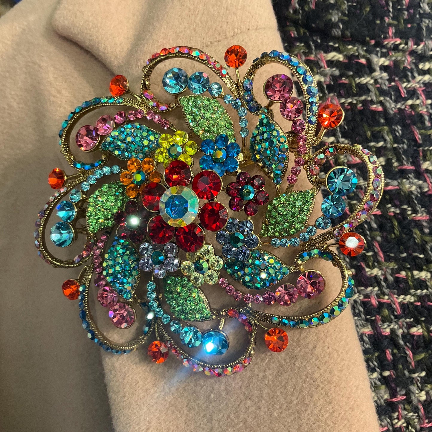 Vintage Butler and Wilson Large Rainbow Crystal Flower Brooch, Gold Tone with multicoloured Borealis Crystal, original box