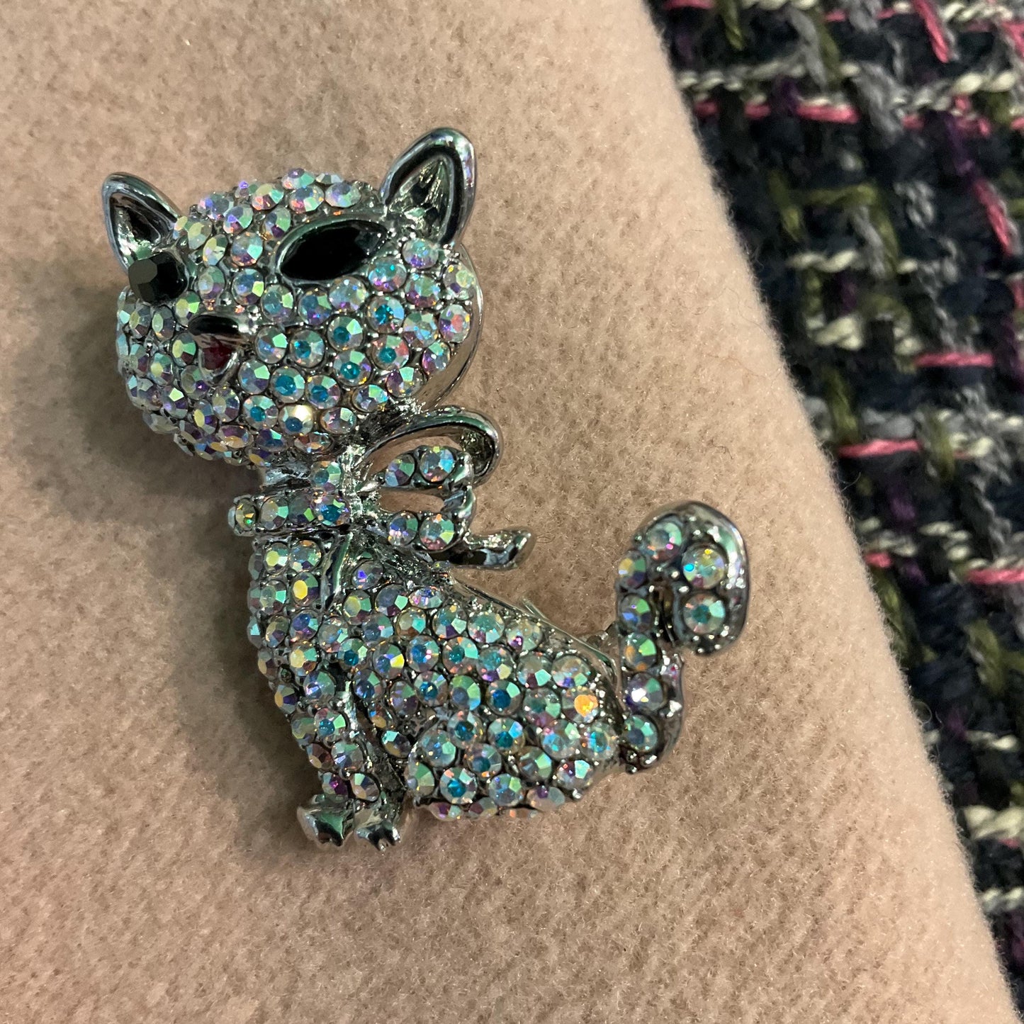 Vintage Butler and Wilson Silver Crystal Pussycat Brooch, silver tone with Aurora Borealis rhinestones, Signed as new