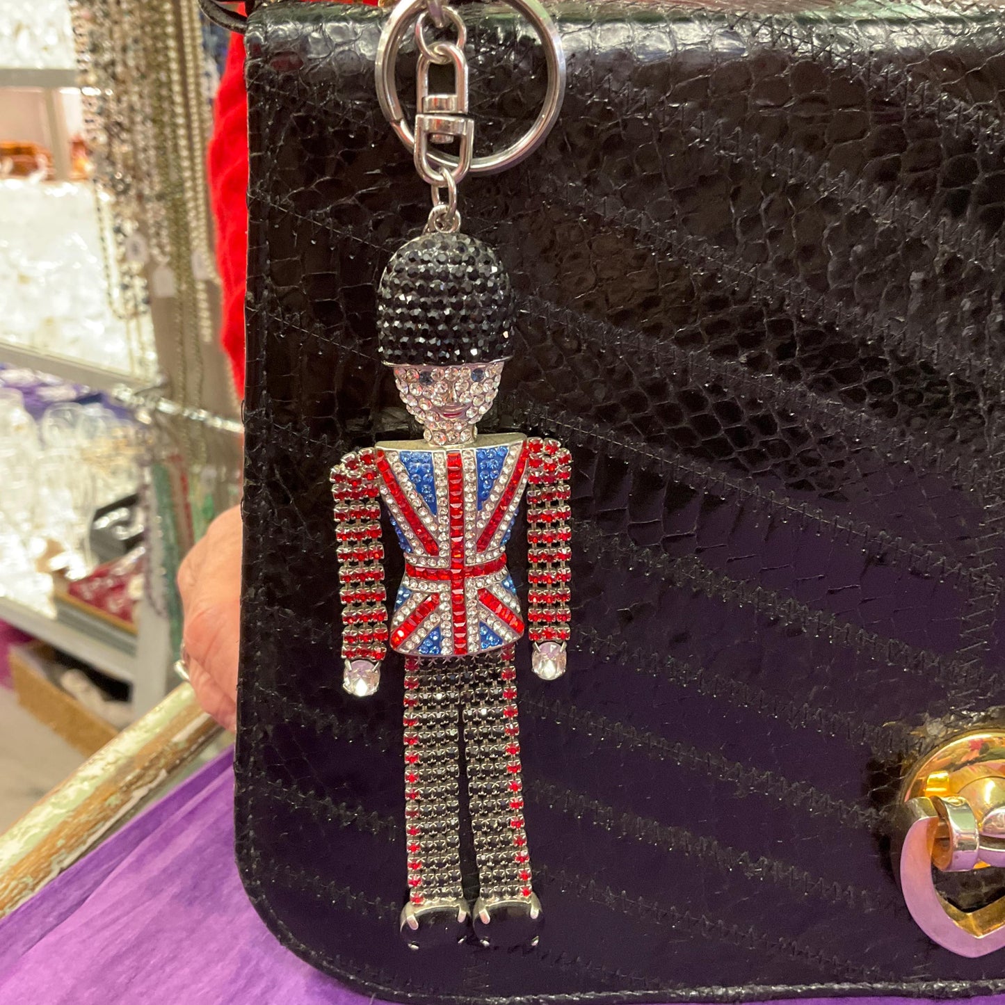 Vintage Butler and Wilson Statement Crystal Buckingham Palace Guard Handbag Charm/ Keyring, silver tone with Union Jack rhinestones