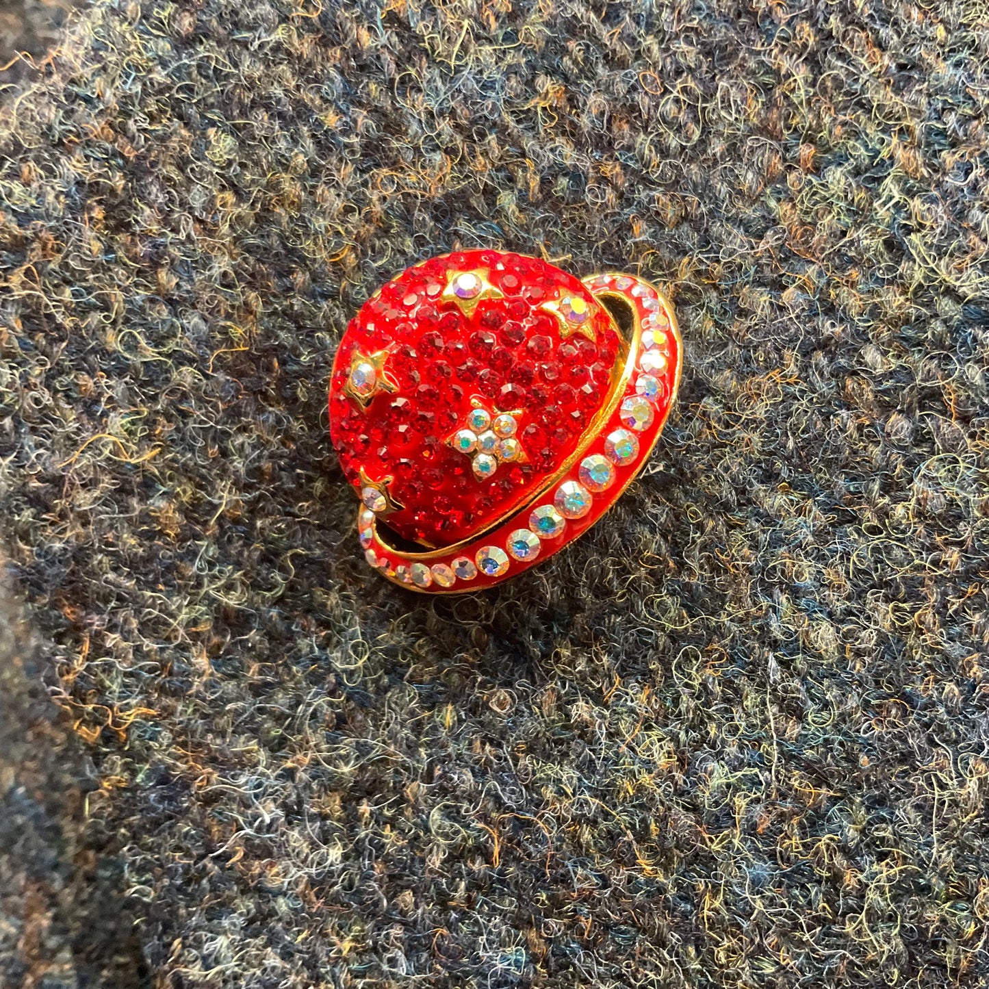 Vintage Butler and Wilson Celestial Planet Crystal Lapel Pin, Gold tone with red and Borealis rhinestones