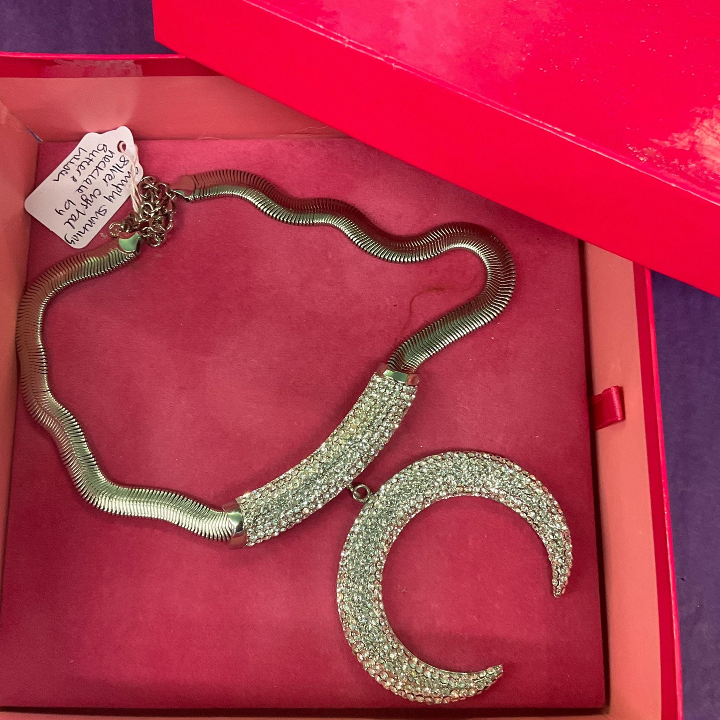 Vintage Butler and Wilson Statement Art Deco Style Crystal Crescent Moon Necklace, silver tone with rhinestones