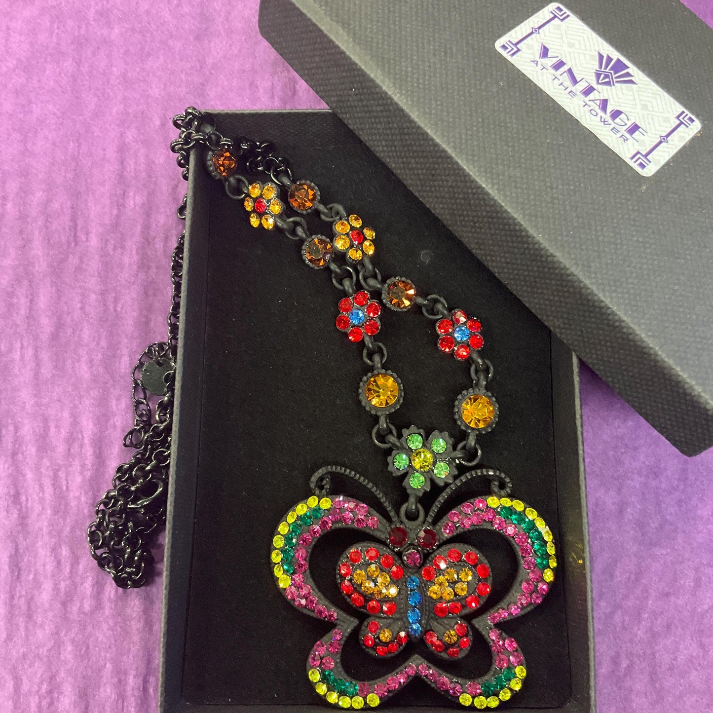 Vintage Butler and Wilson Bohemian Crystal Butterfly Pendant Necklace, Black tone with vibrant multicoloured rhinestones