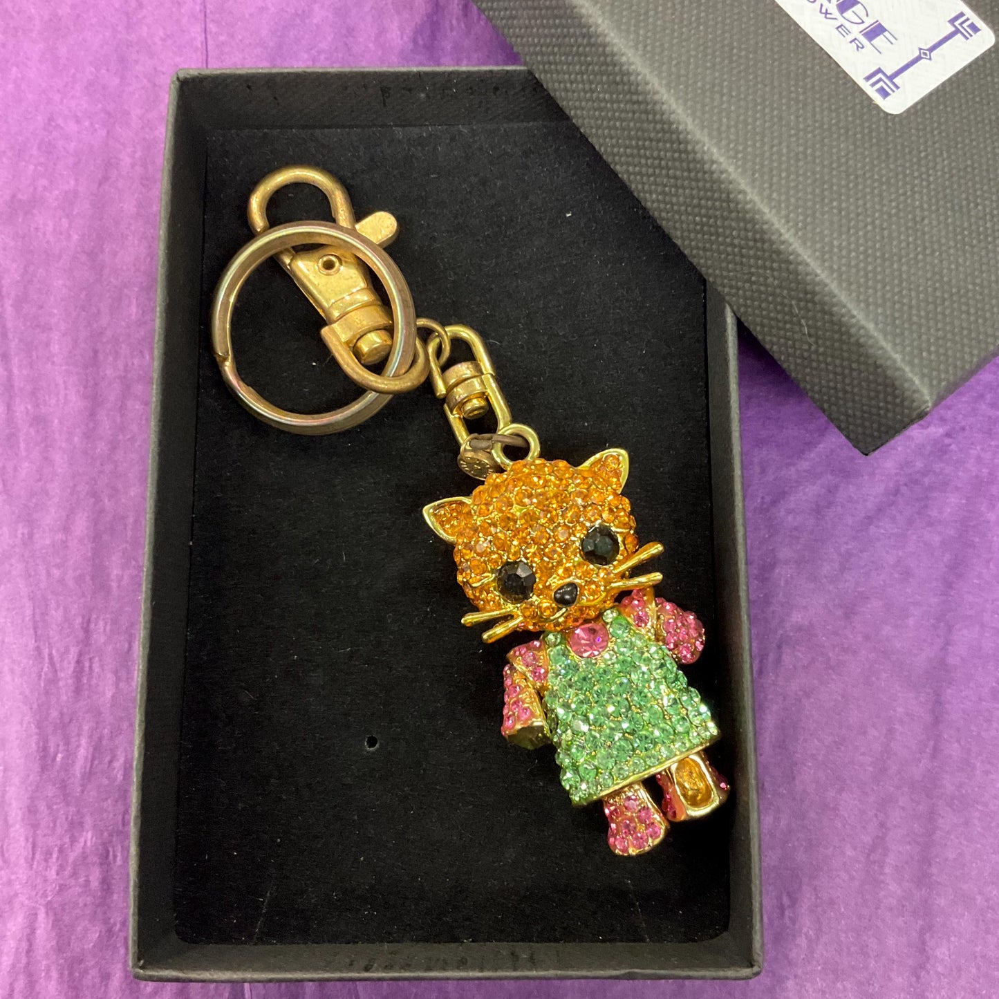 Vintage Butler and Wilson Crystal Kitty Handbag Charm/Keychain, Gold Tone with gold, green and pink rhinestone crystals