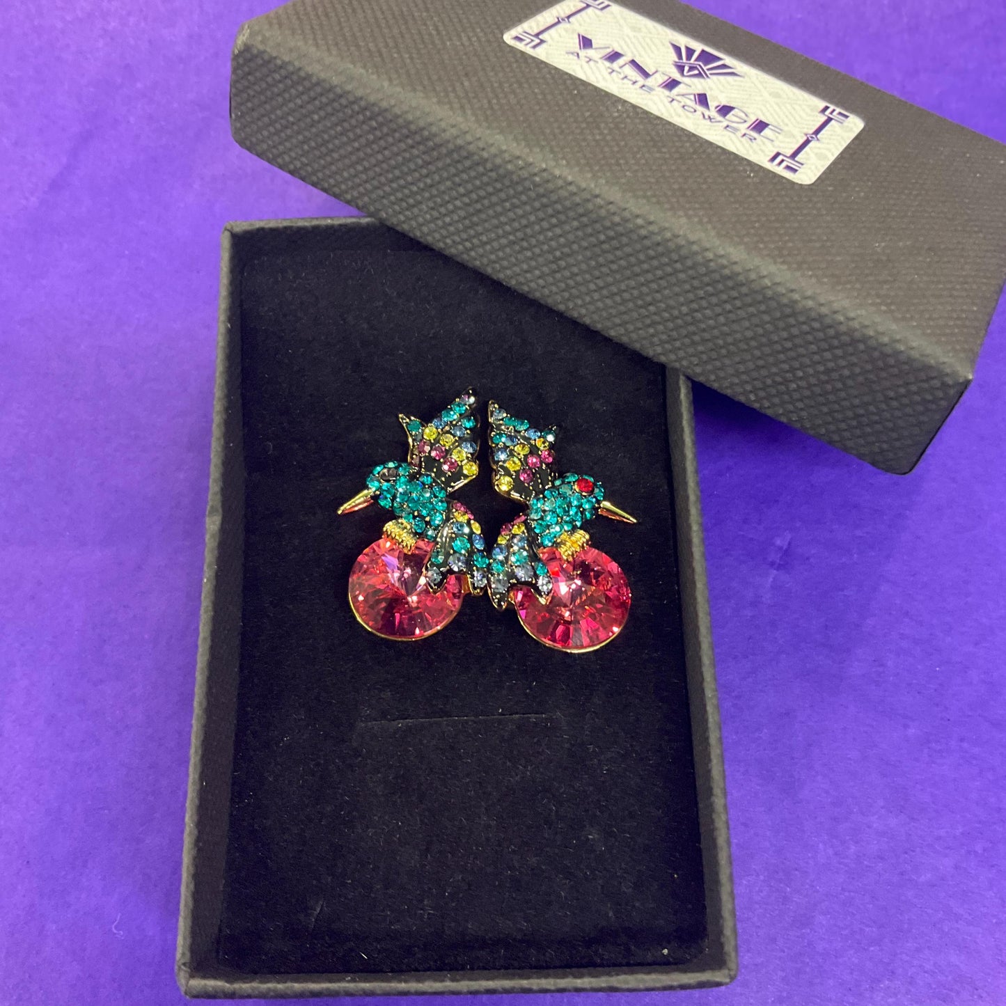 Vintage Butler and Wilson Rainbow Crystal Kingfisher Drop Earrings, Gold Tone with large pink crystal and multicoloured rhinestones