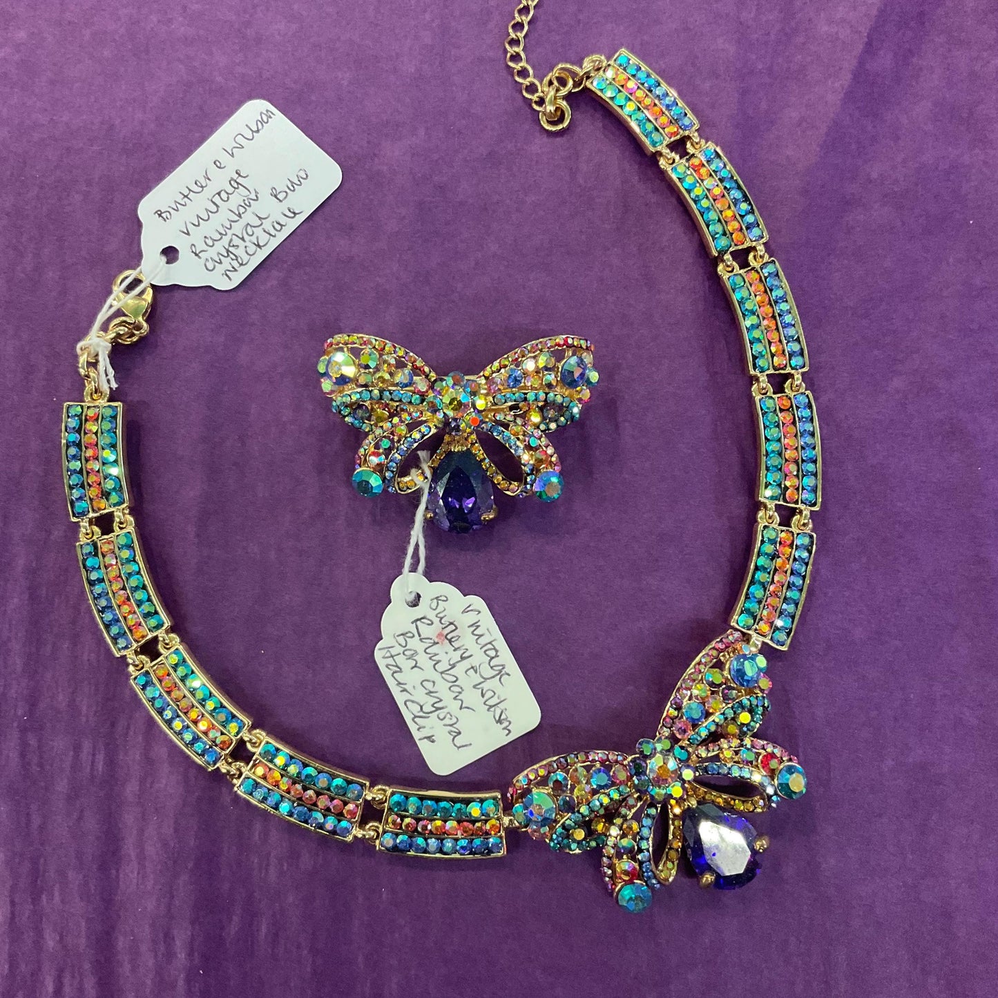 Vintage Butler and Wilson Statement Rainbow Crystal Bow Brooch, Gold tone with multicoloured crystals and Borealis rhinestones