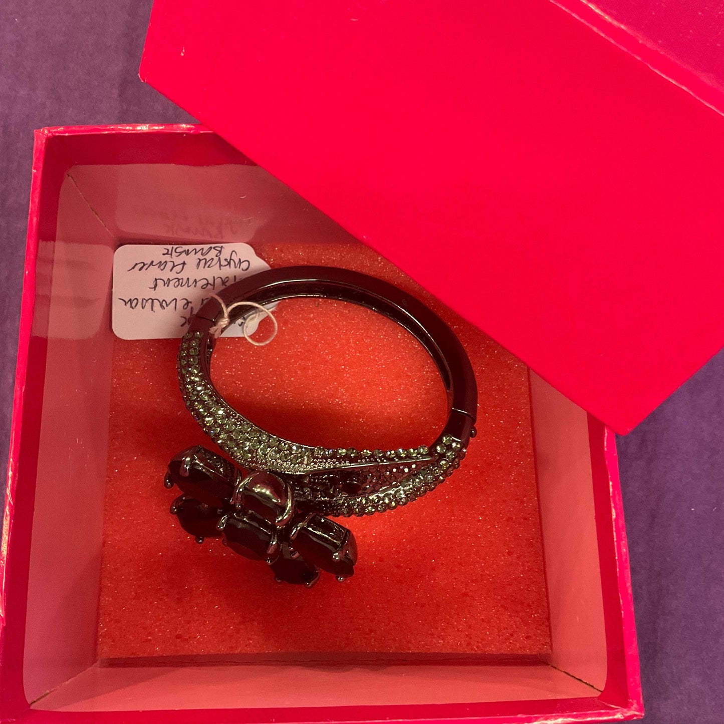 Vintage Butler and Wilson Statement Black Crystal Flower Bangle, Dark pewter tone with faceted crystals and pewter rhinestones