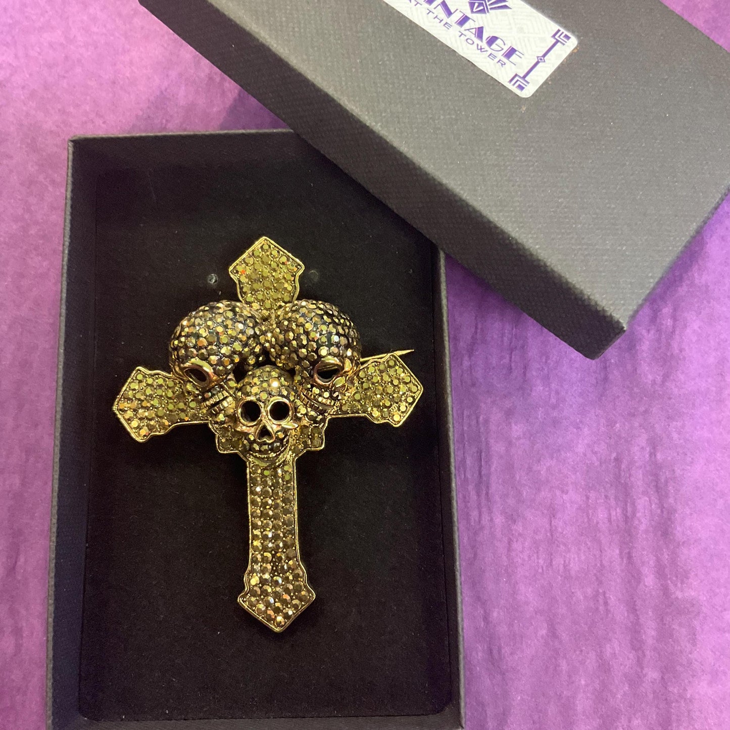 Vintage Butler and Wilson Large Crystal Skull Cross Brooch, old gold tone with gold and bronze rhinestones