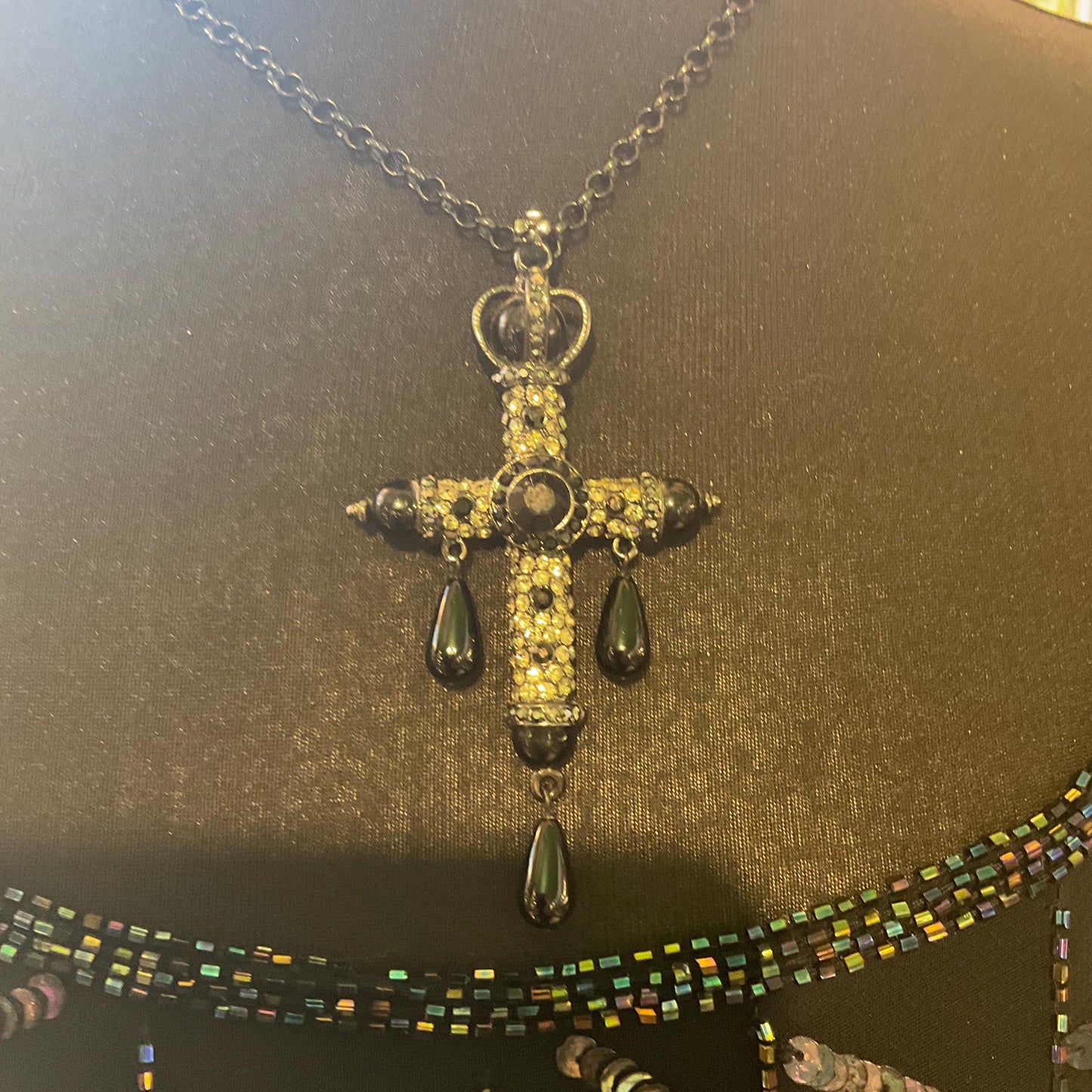 Vintage Butler and Wilson Large Ornate Cross Pendant, Black pewter and silver tones with teardrop crystals